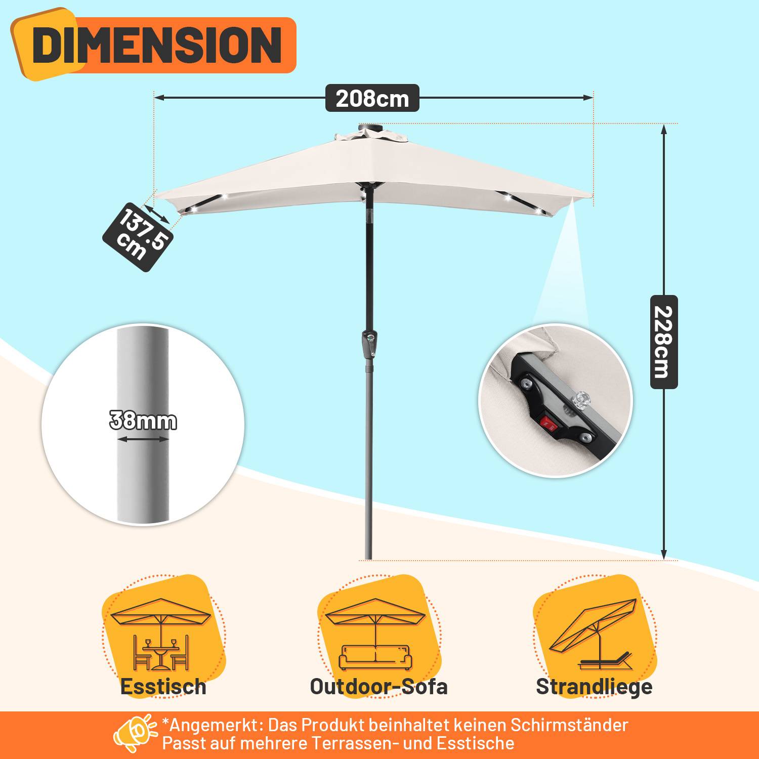 Dimension' Titelbild: Beiger Schirm mit 208 cm Breite, 228 cm Höhe und 137,5 cm Armlänge. Mit 38 mm Mast ausgestattet. Geeignet für Esstische, Outdoor-Sofas und Strandstühle.