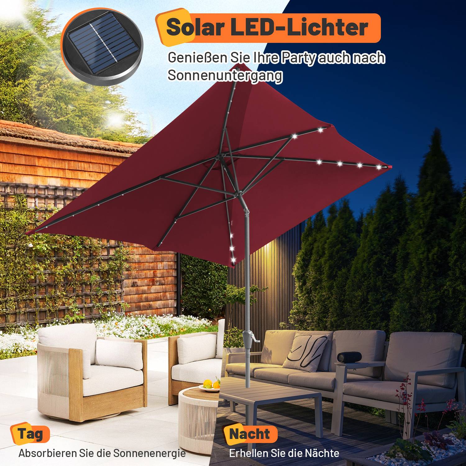 Terrasse mit rot leuchtender Solar-LED-Schirm, Liegestühlen und Tisch; Energie-Absorptions- und Beleuchtungsfunktion bei Tag und Nacht hervorgehoben.