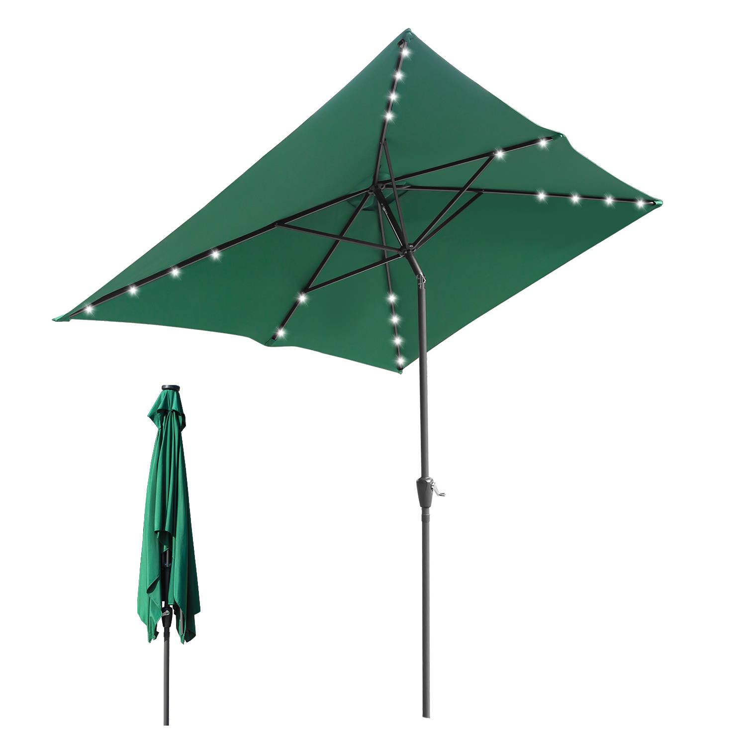 Ein grüner Outdoor-Regenschirm mit LED-Leuchten entlang der Rippen, in offener und geschlossener Position gezeigt. Er ist für die Terrasse konzipiert.