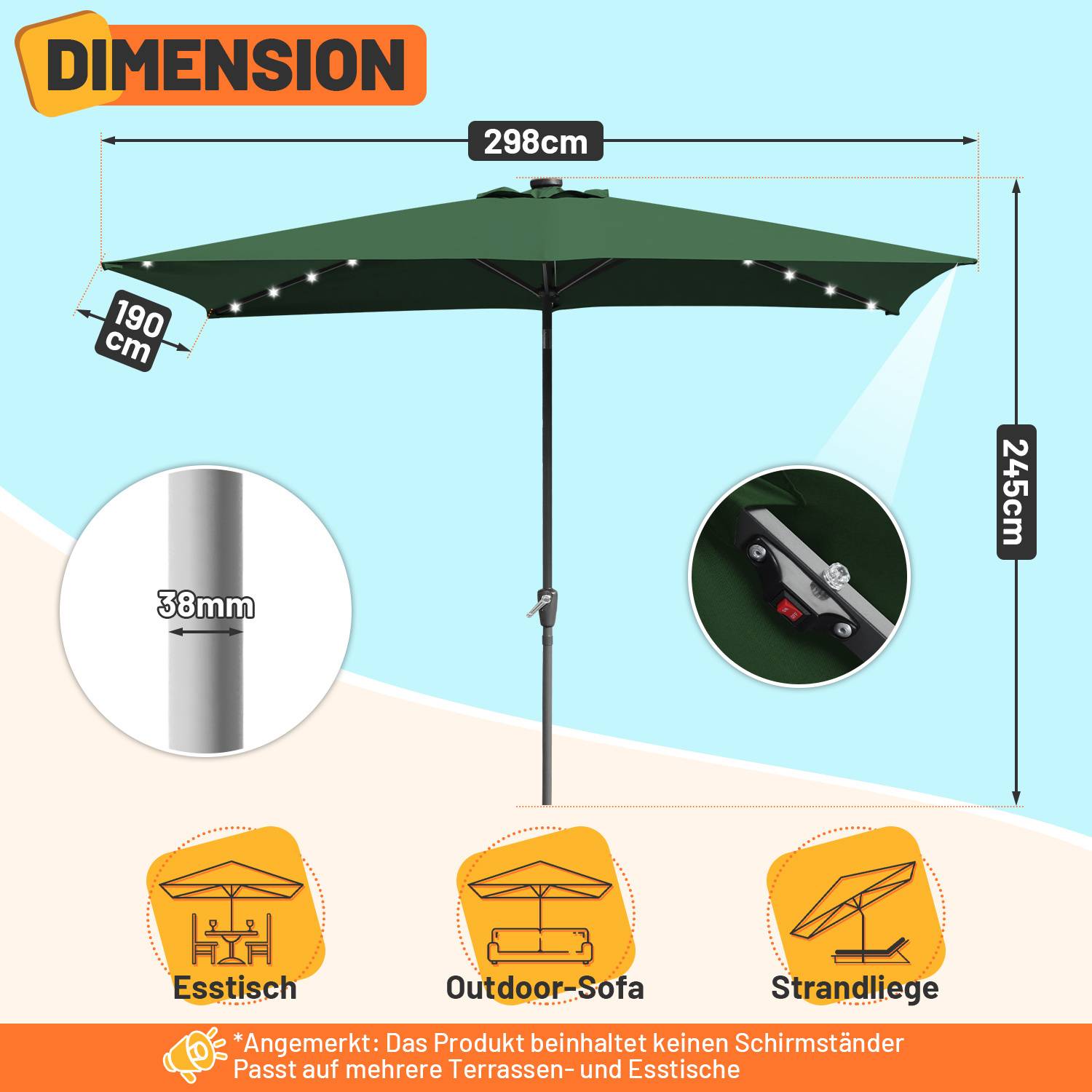 Ein großer grüner Sonnenschirm mit einem 298 cm großen Baldachin und einer Höhe von 245 cm, mit LED-Leuchten an den Speichen und gestützt durch einen 38 mm Metallmast.