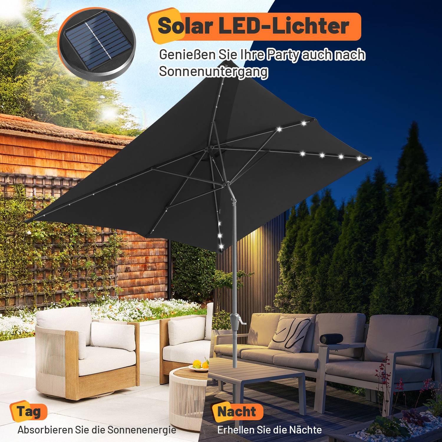 Außenterrasse mit großem schwarzem Sonnenschirm, verziert mit solarbetriebenen LED-Leuchten, umgeben von bequemen Sitzmöbeln, die die Energienutzung Tag und Nacht hervorhebt.