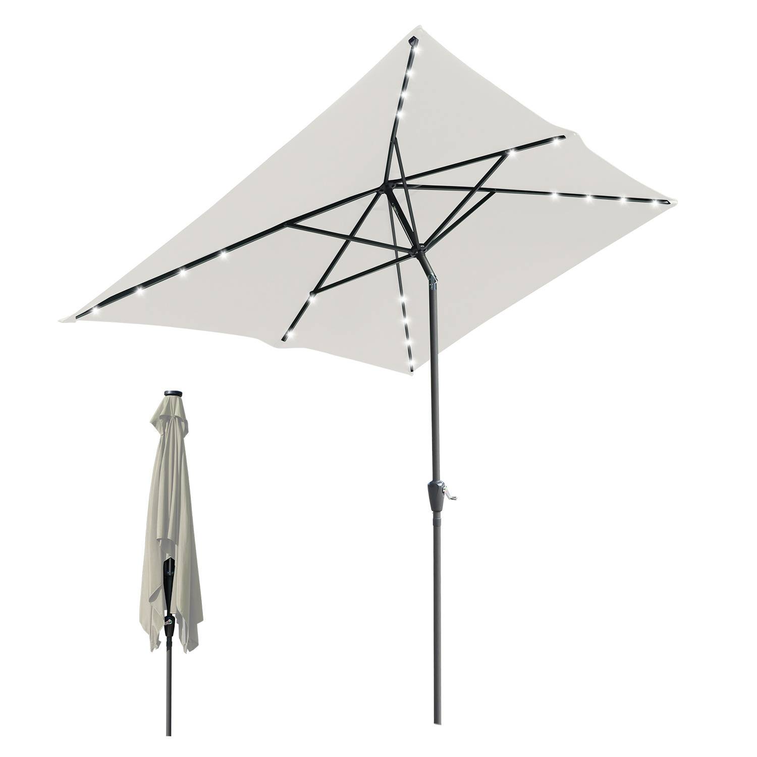 Ein quadratischer Terrassenschirm mit einem hellgrauen Dach, LED-Leuchten entlang der Rippen und eine geschlossene Ansicht daneben.