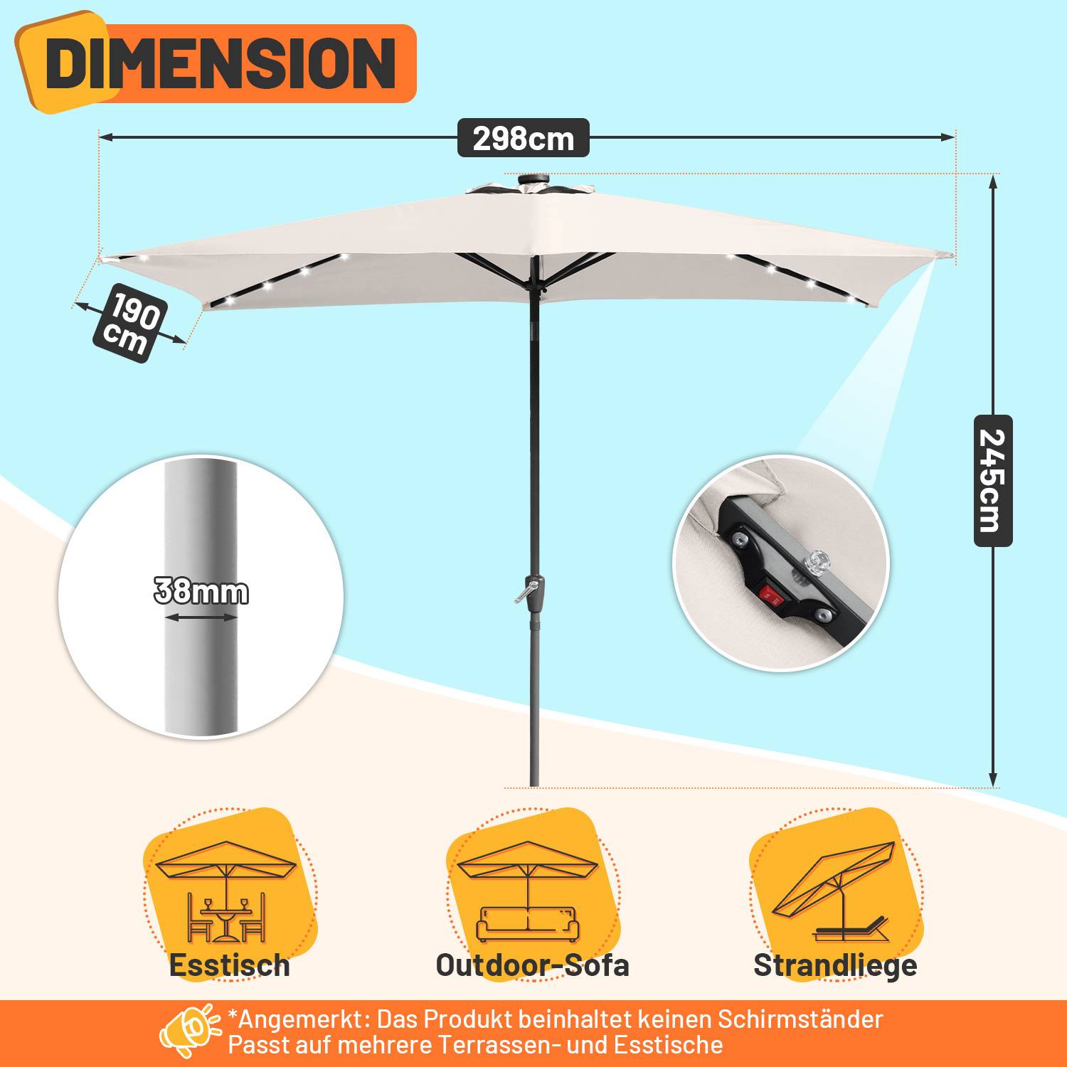 Outdoor-Schirm mit 298cm Breite, 245cm Höhe. Zeigt eine Stange mit 38mm Durchmesser. Abbildungen zeigen die Verwendung mit Tischen, Sofas und Strandanwendungen.