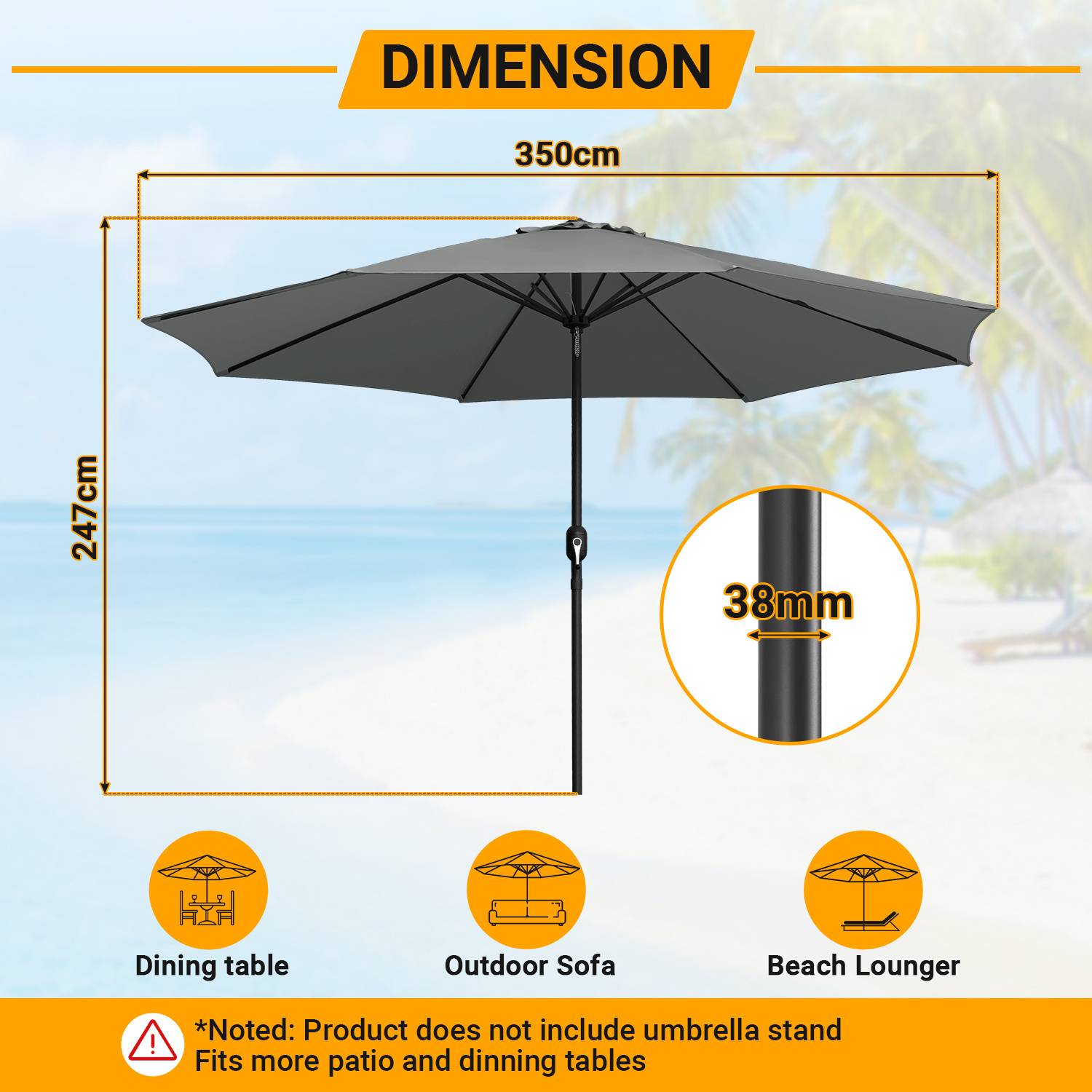 Abmessungen: 350 cm Breite x 247 cm Höhe, Poldurchmesser 38 mm. Das Bild zeigt einen Sonnenschirm am Strand mit Symbolen für Esstisch, Sofa und Strandliege. Hinweis: Ständer nicht im Lieferumfang enthalten.