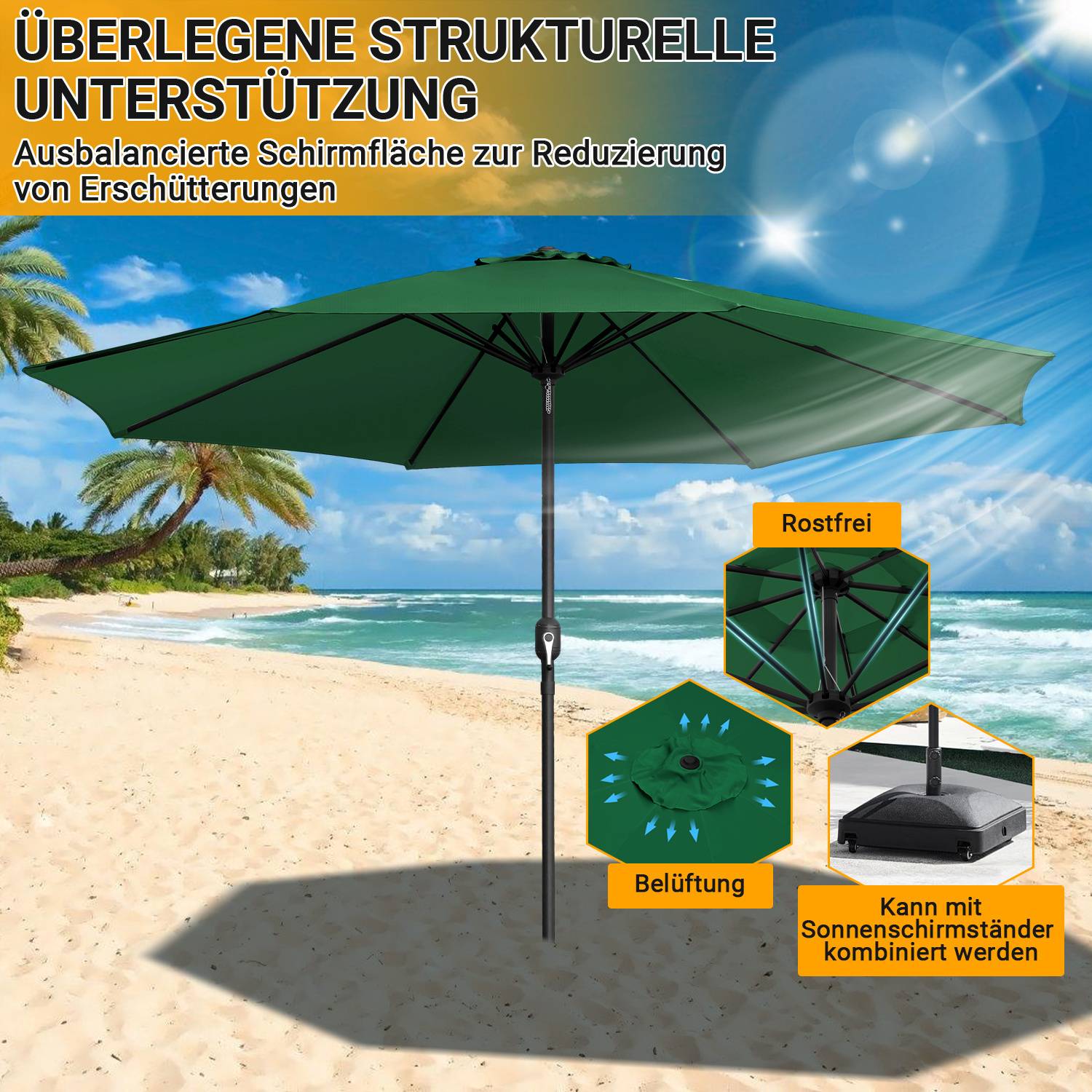 Ein großer grüner Terrassenschirm am Strand mit Palmen. Der Text hebt Merkmale hervor: rostfrei, belüftet und kompatibel mit einem Sonnenschirmständer.