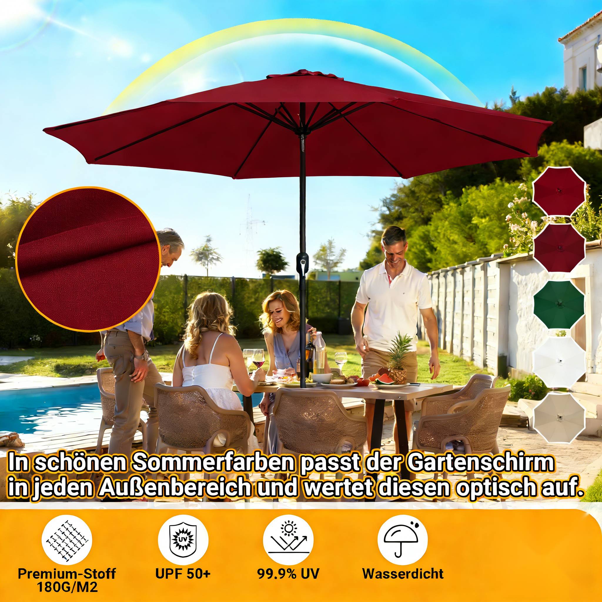 Eine Gruppe von Menschen sitzt an einem Außentisch unter einem großen roten Regenschirm in einer Gartenanlage und genießt einen sonnigen Tag.