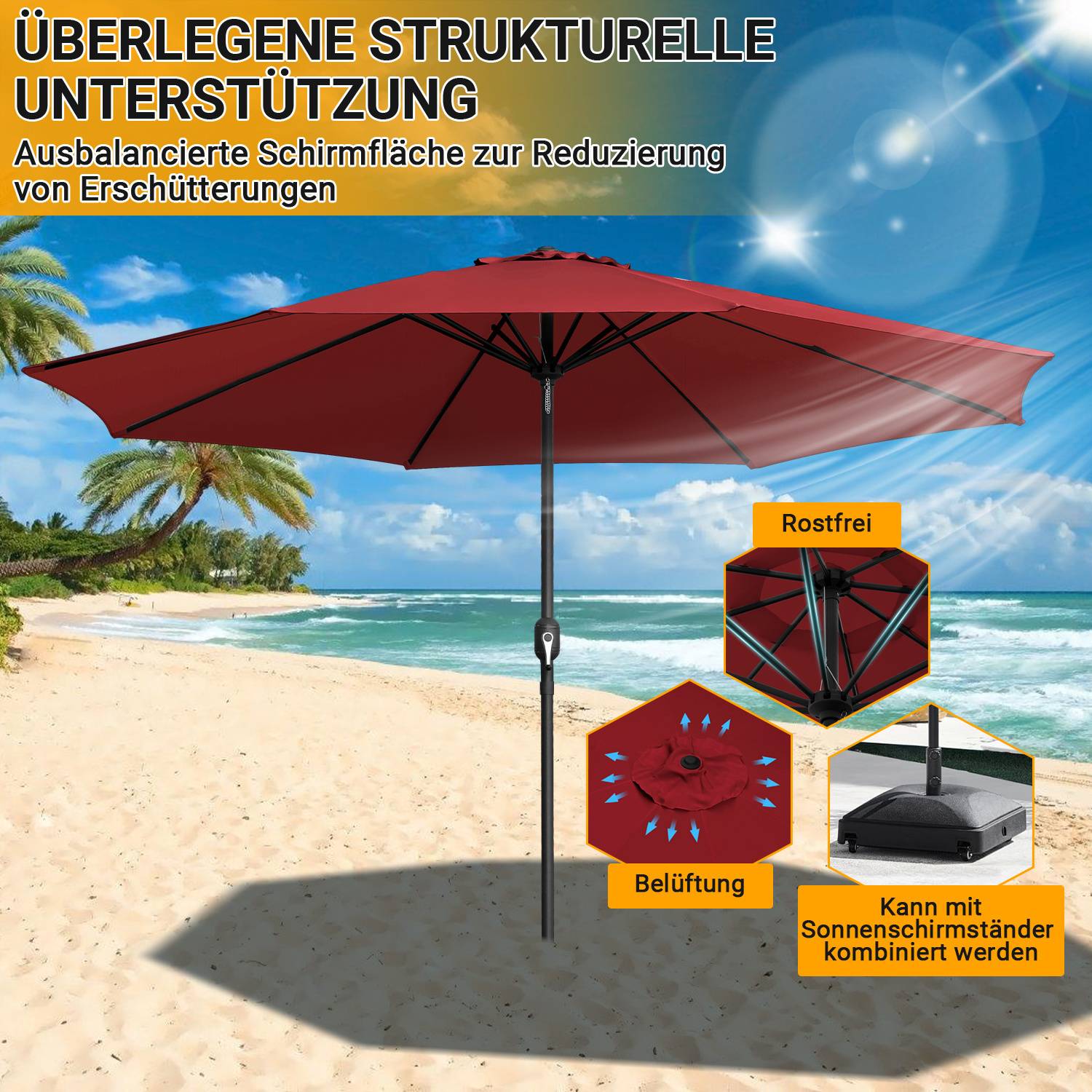 Roter Strandschirm mit überlegener Strukturstabilität. Mit rostfreien Materialien, Belüftung und Kompatibilität mit Sonnenschirmständern.