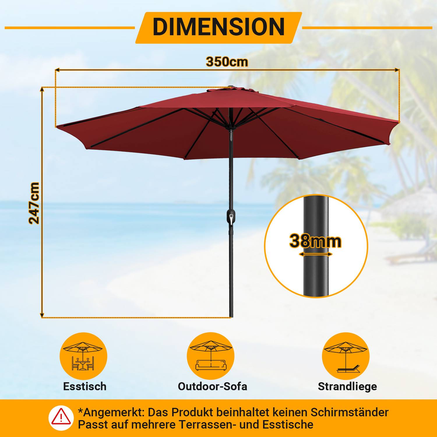 Eine Strandszene mit einem Diagramm, das die Abmessungen eines roten Sonnenschirms zeigt: 350 cm breit, 247 cm hoch, 38 mm Durchmesser des Mastes; geeignet für Tisch, Sofa oder Strandliege.