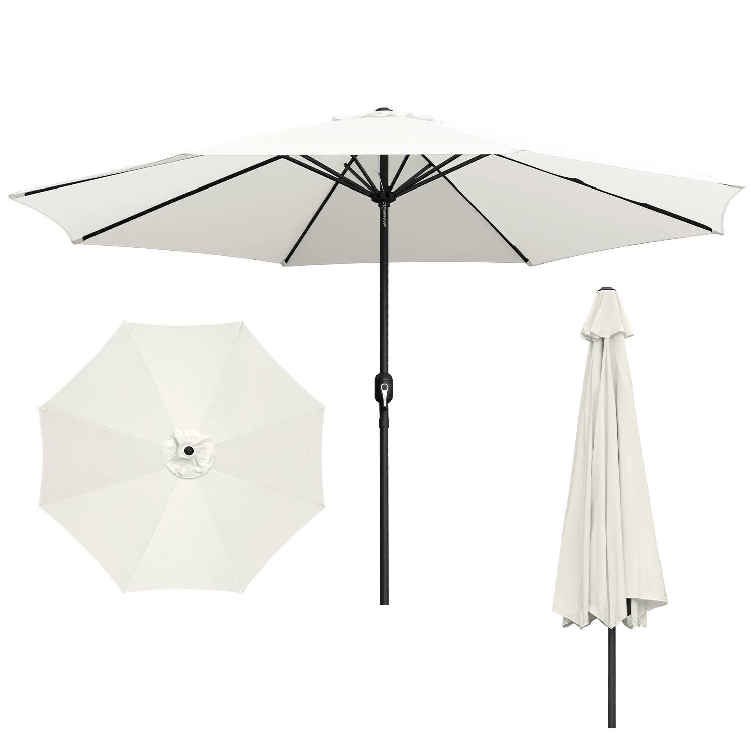 Ein großer weißer Terrassenschirm mit schwarzem Ständer, gezeigt in geöffnetem und geschlossenem Zustand. Eine Draufsicht zeigt die achteckige Form des Schirmdachs.