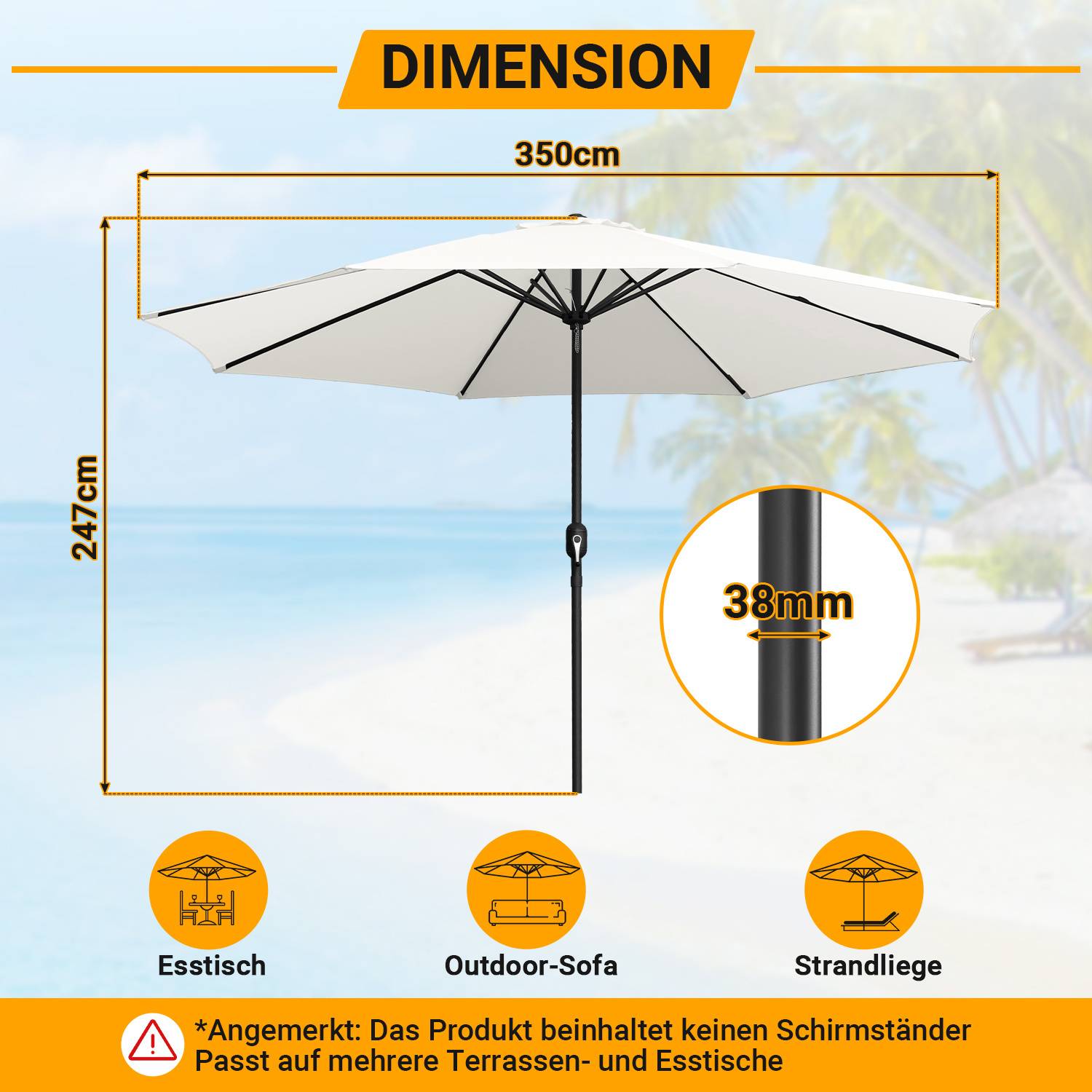 Das Bild zeigt einen Strandschirm mit der Bezeichnung „DIMENSION