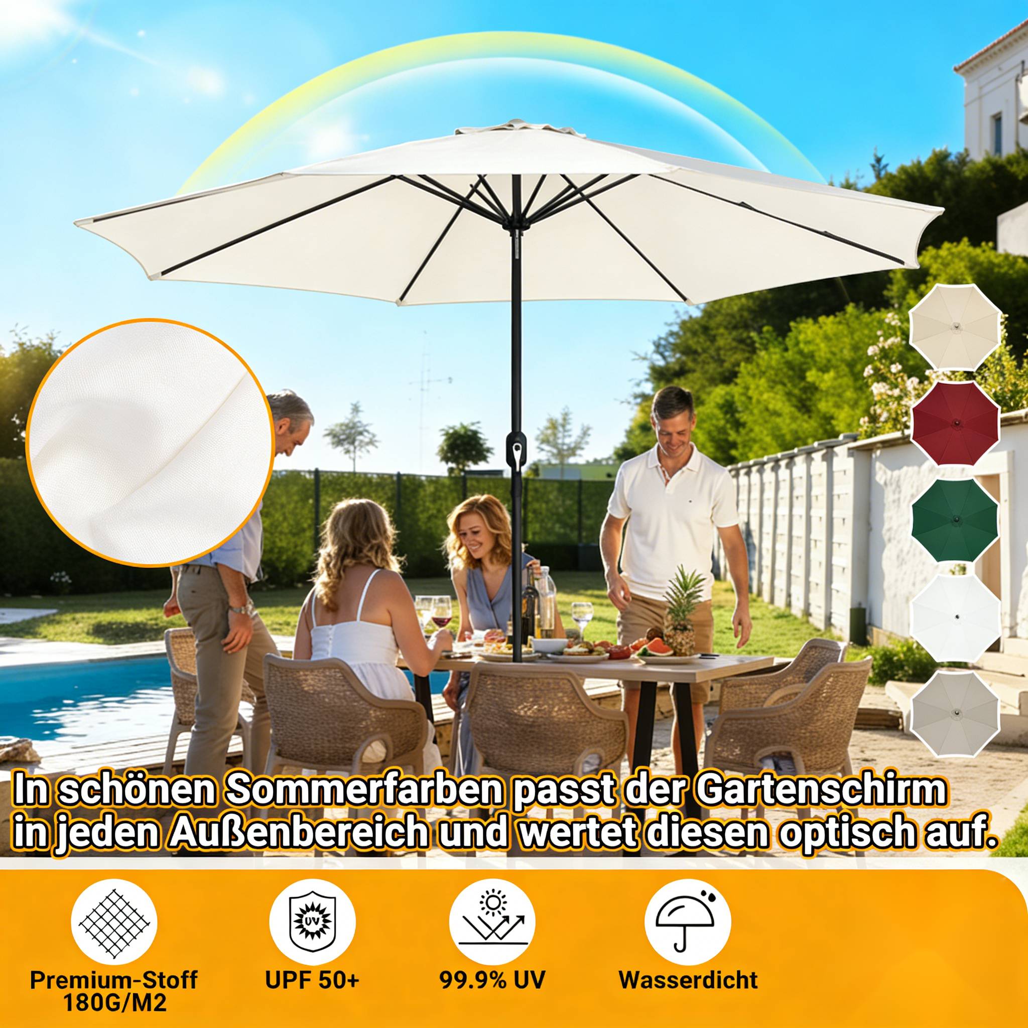 Eine Familie sitzt unter einem großen Außenschirm an einem Terrassentisch in einem sonnigen Garten, umgeben von üppigem Grün und einem Pool.