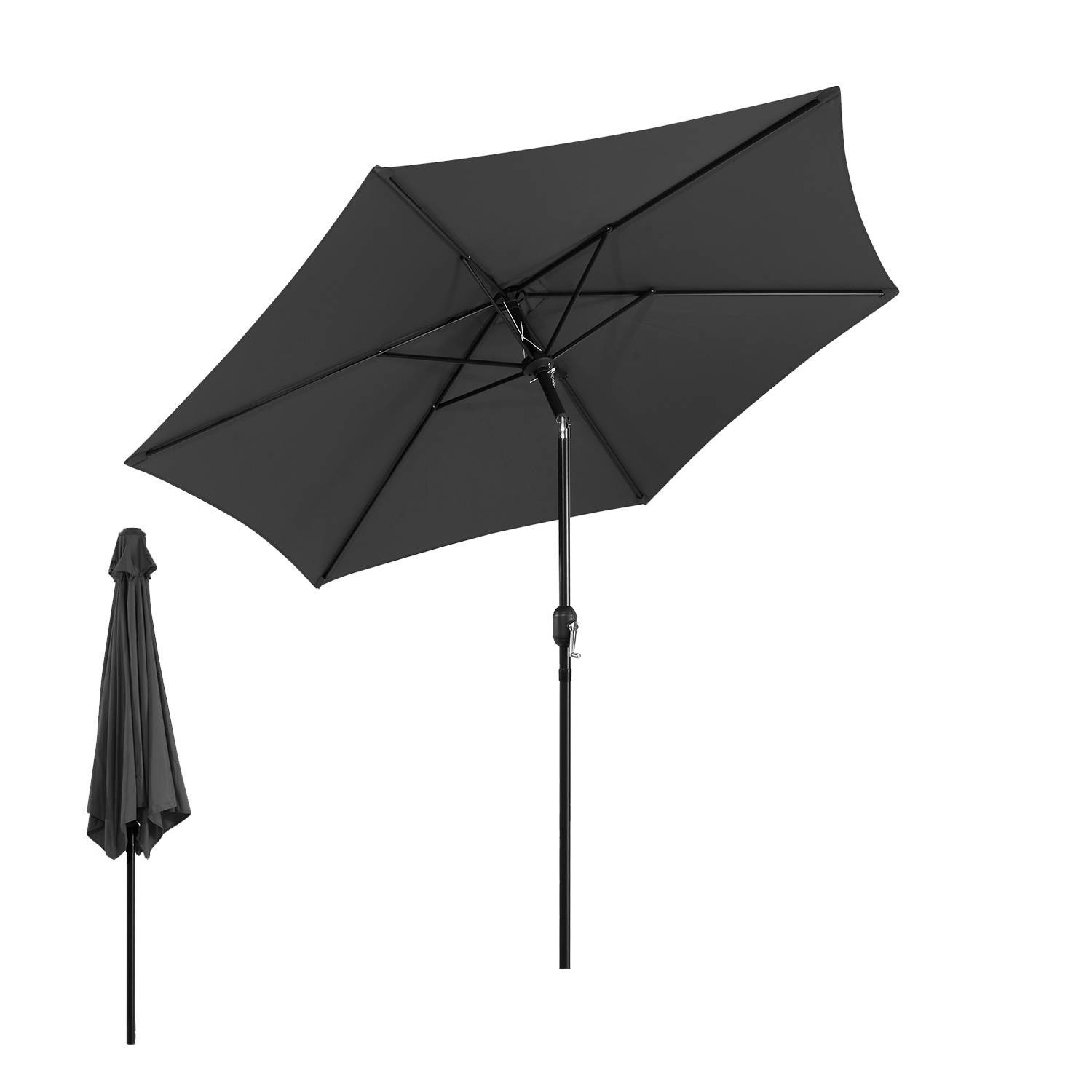 Großer roter Terrassenschirm spendet einer Tisch Schatten, an dem vier Personen im Freien speisen. Das seitliche Panel zeigt Stoff- und Farboptionen mit Betonung auf UV-Schutz.