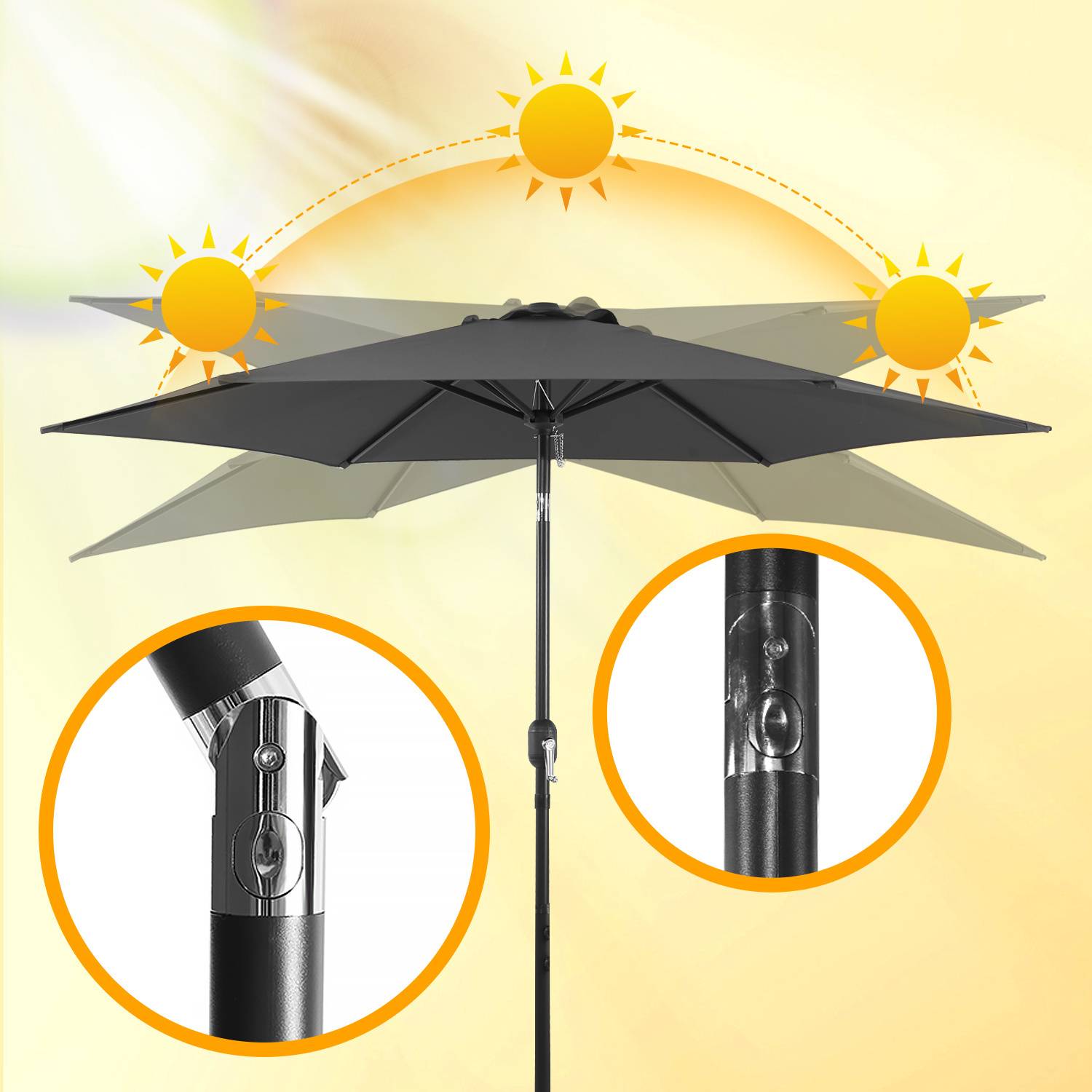 Ein roter Strandschirm spendet Schatten an einem sonnigen Strand. Symbole zeigen an, dass der Stoff aus hochwertigem Polyester besteht, UV-geschützt und wasserabweisend ist.