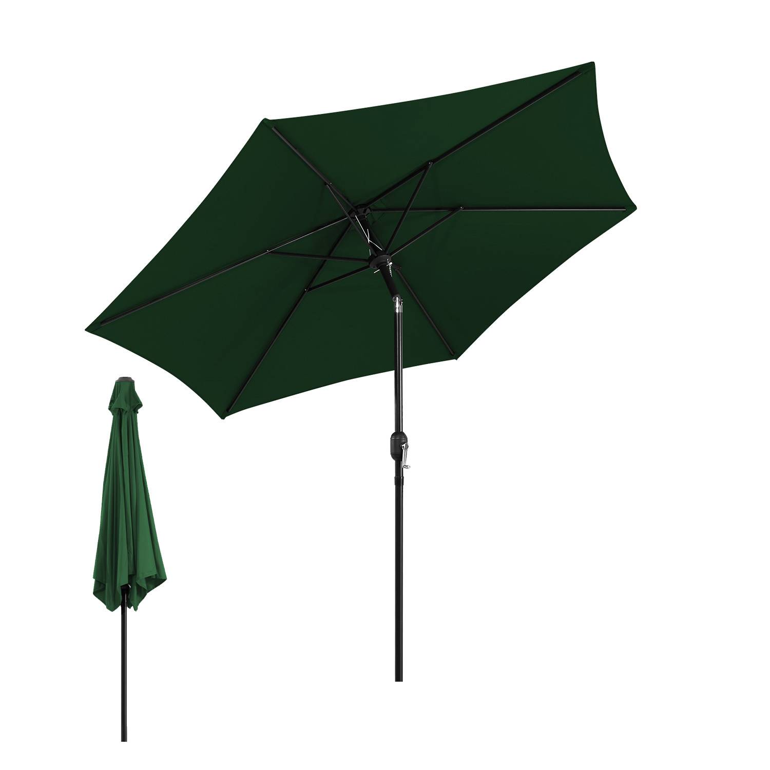 Ein großer grüner Außenschirm mit schwarzem Metallschaft und Fuß, vollständig geöffnet und auch zusammengeklappt dargestellt, vor einem schlichten weißen Hintergrund.