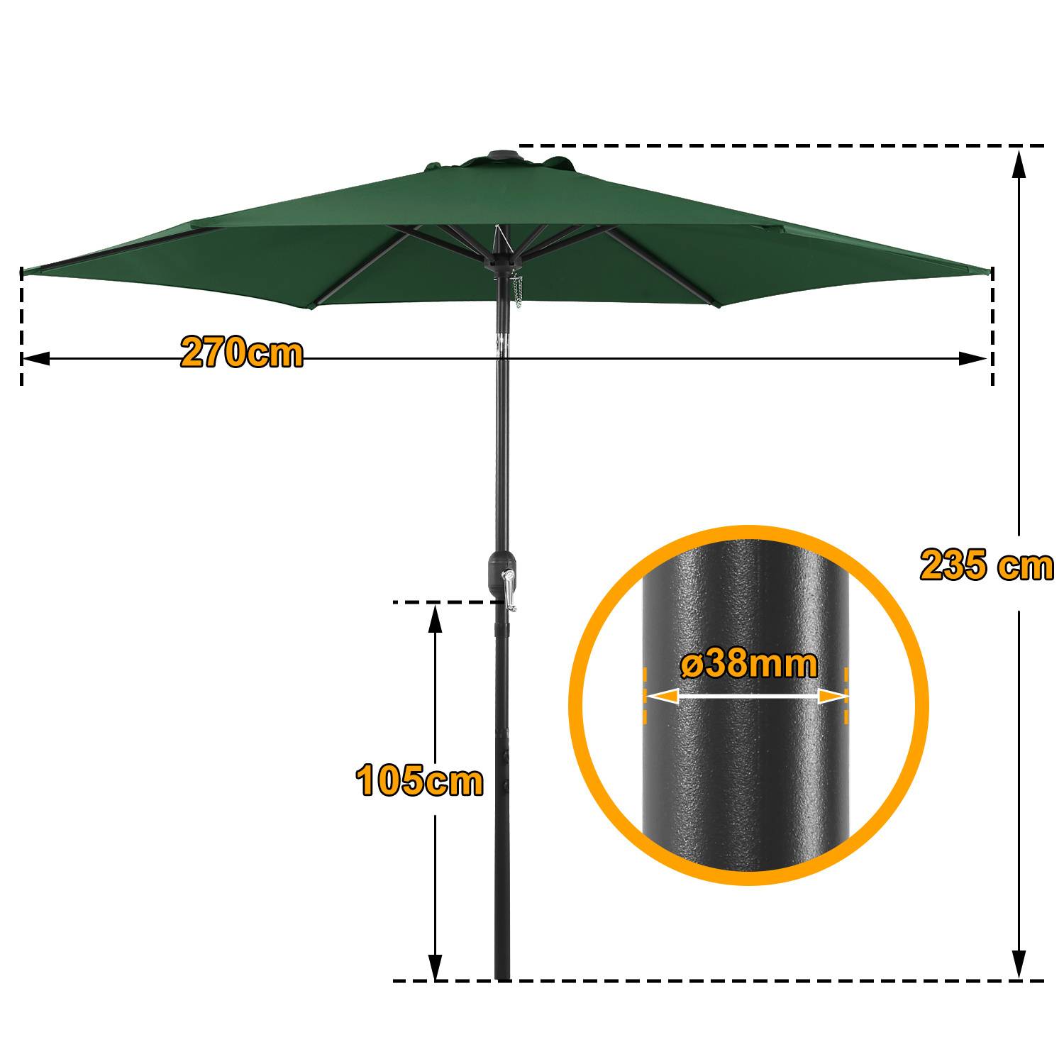 Grüner Terrassenschirm mit Abmessungen: 270 cm Breite, 105 cm Schirmdachhöhe, 235 cm Gesamthöhe und 38 mm Durchmesser des Mastes.