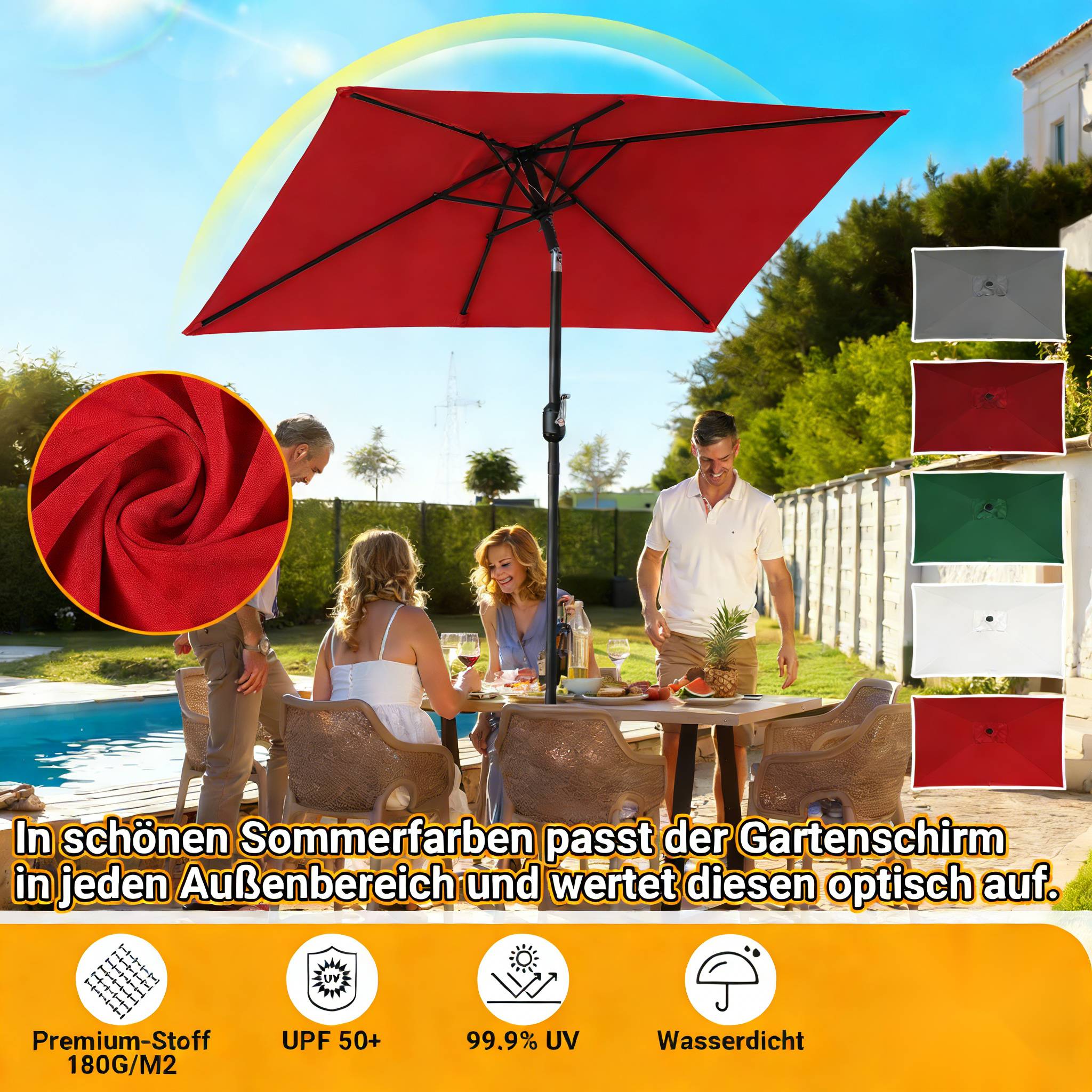 Eine Gruppe von Menschen sitzt unter einem roten Gartenschirm in einem sonnigen Hinterhof. Produktmerkmale enthalten: Premium-Stoff, UPF 50+, 99,9% UV-Schutz, wasserdicht.
