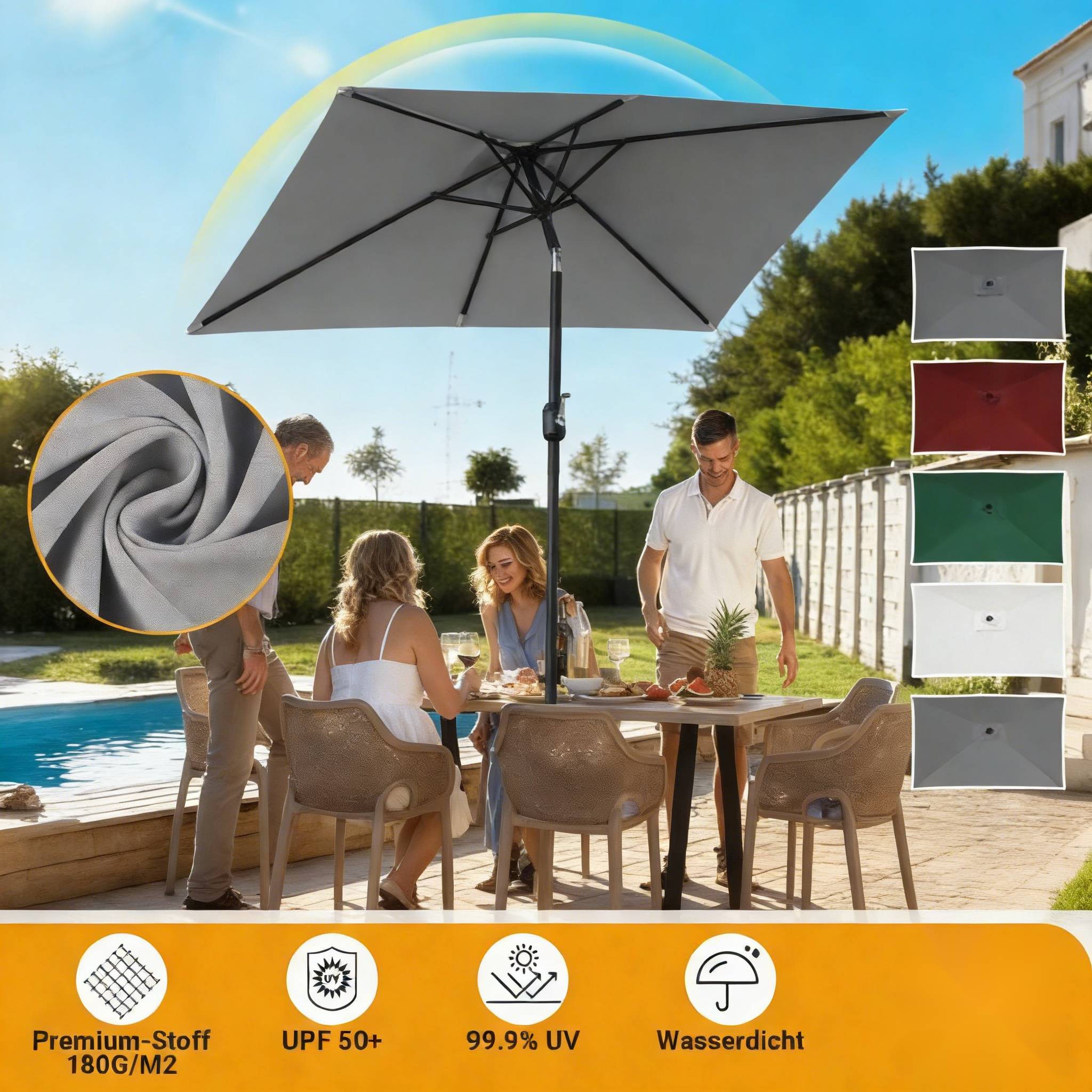 Außenschirm-Set unter blauem Himmel mit Menschen beim Speisen. Merkmale: Premium-Stoff (180G/M2), UPF 50+, 99,9% UV-Schutz, wasserdicht.