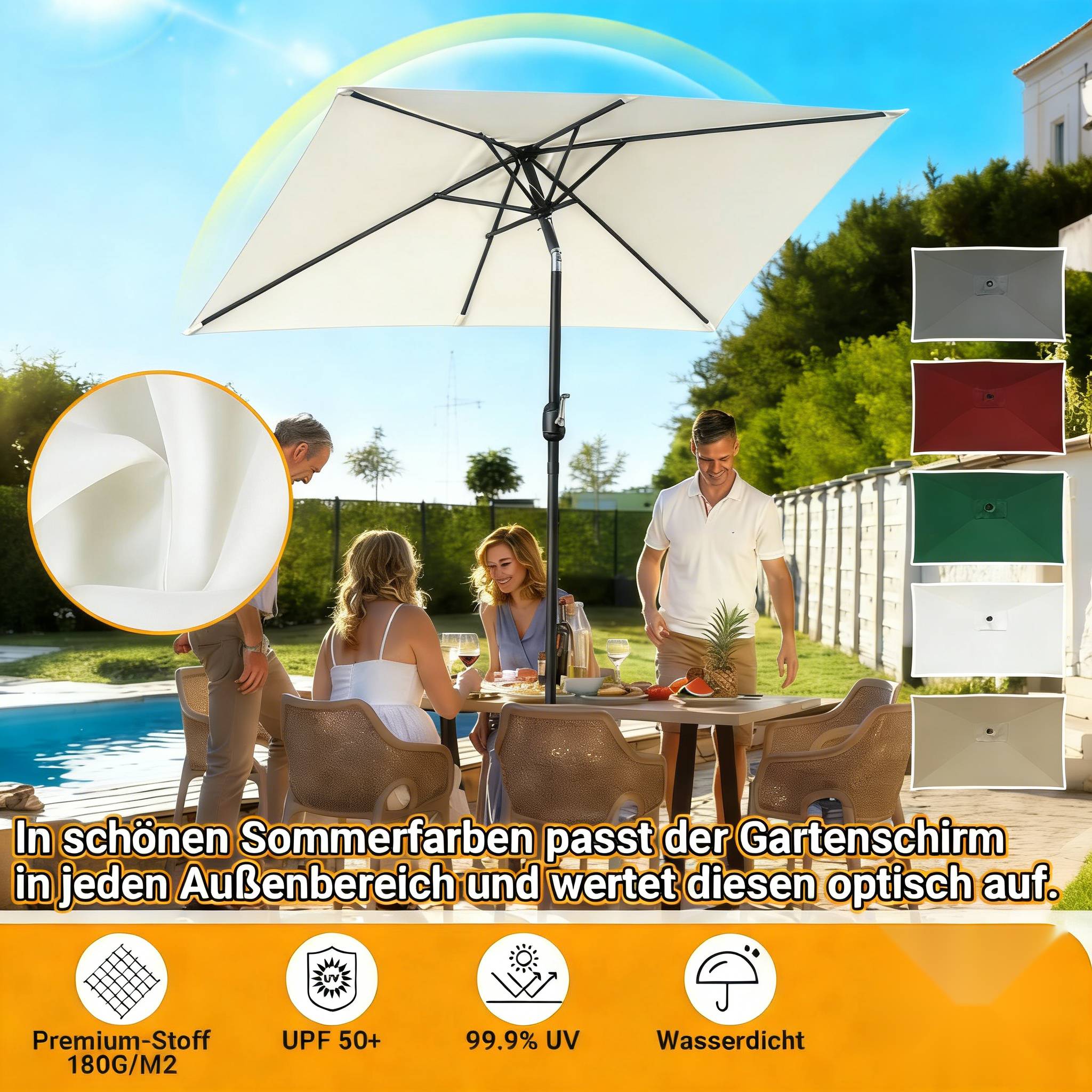 Vier Personen sitzen unter einem großen Sonnenschirm an einem Gartentisch. Der Schirm wird in vier Farben angeboten, mit Details zur Stoffqualität und UV-Schutz.