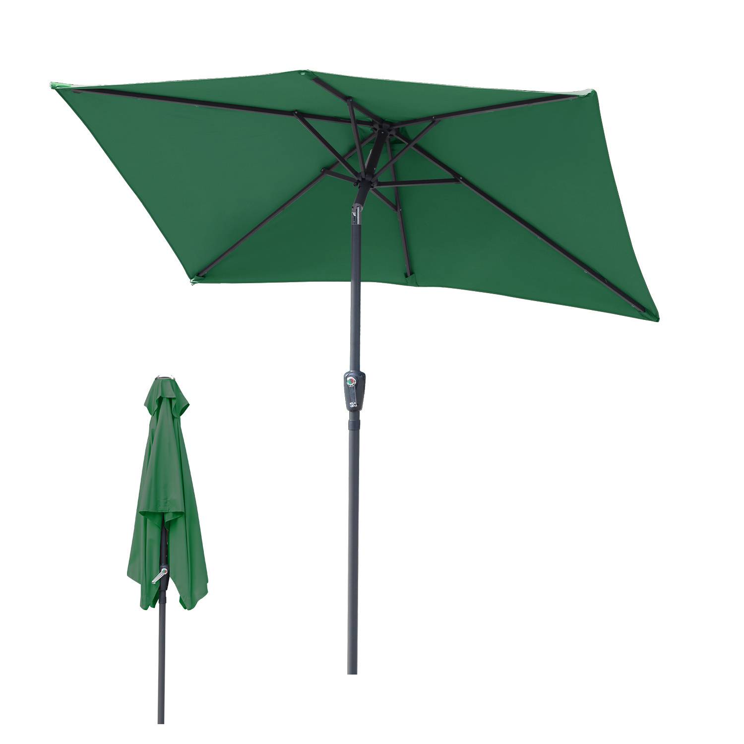 Ein grüner quadratischer Terrassen-Sonnenschirm mit schwarzem Mast, der geöffnet und zusammengeklappt dargestellt ist, konzipiert zur Outdoor-Nutzung, um Schatten zu spenden.