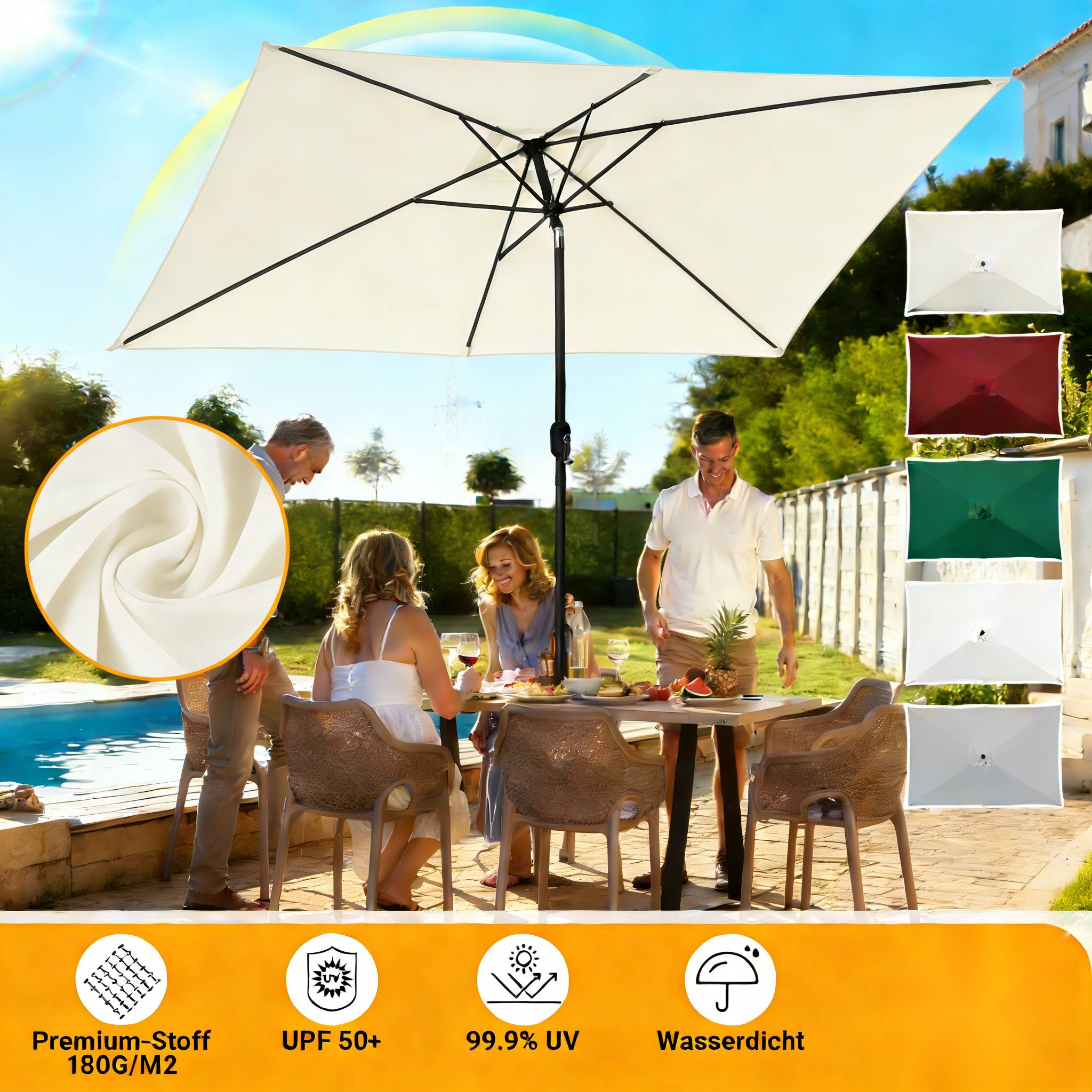 Eine Familie genießt einen sonnigen Tag unter einem großen Terrassenschirm in einem Garten. Zu den Merkmalen gehören hochwertiges Material, UV-Schutz und Wasserdichtheit.