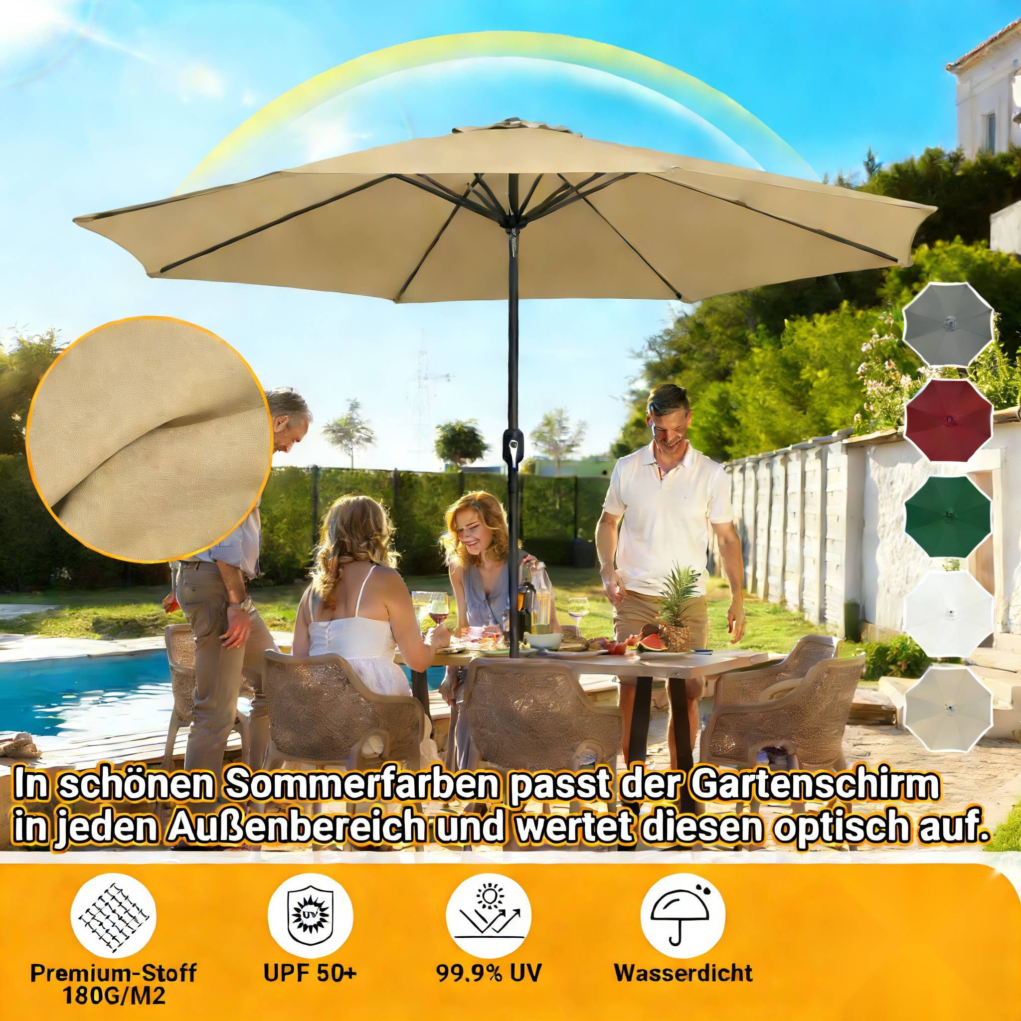 Drei Personen versammeln sich um einen Terrassentisch unter einem beigen Regenschirm in einer sonnigen Gartenumgebung. Unterschiedliche Regenschirmfarben werden auf der rechten Seite gezeigt.