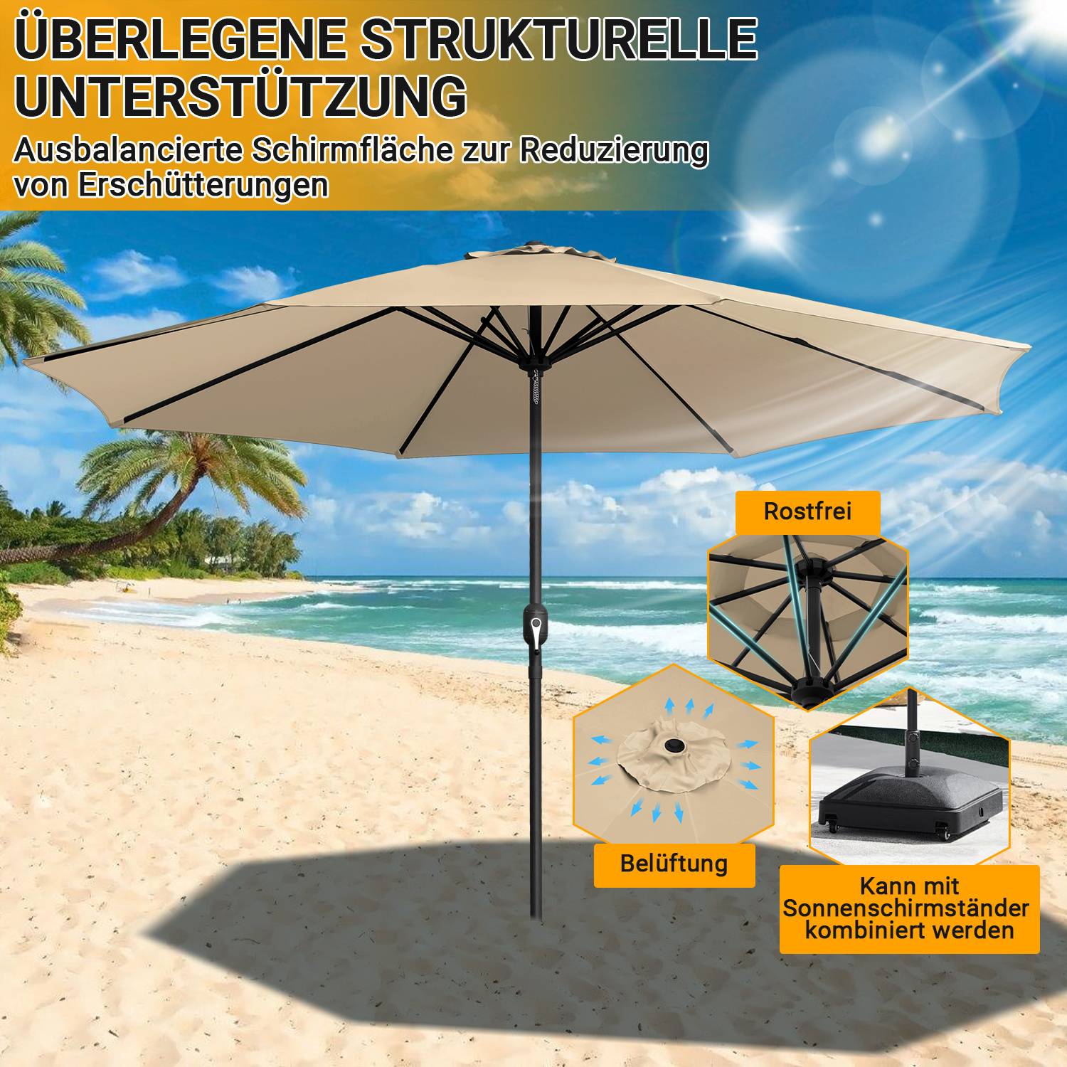 Eine Strandszene mit einem großen beigen Schirm, der Schatten spendet. Zu den Merkmalen gehören Rostbeständigkeit, Belüftung und Kompatibilität mit beschwerten Unterlagen.