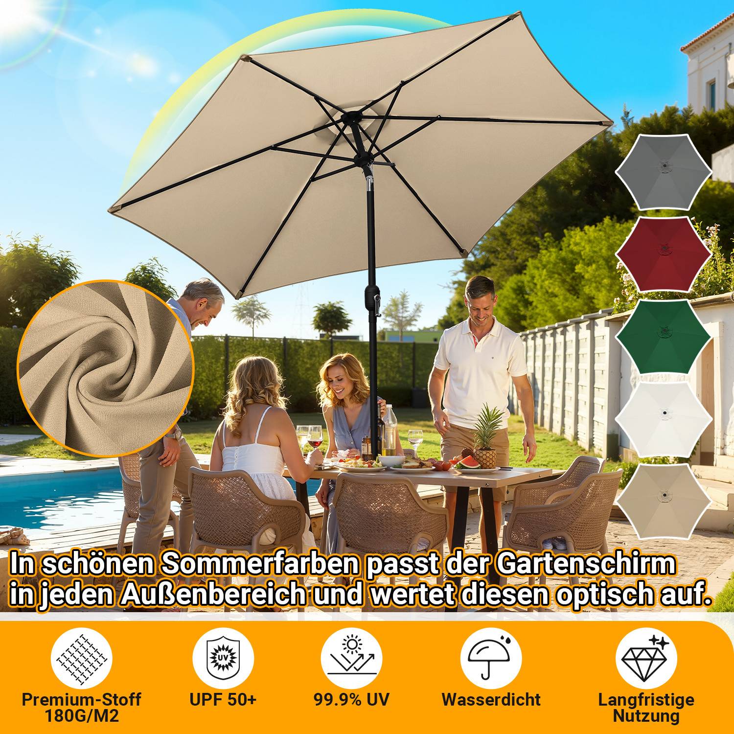 Eine Gruppe von Menschen sitzt um einen Tisch unter einem großen, runden Regenschirm. Das Bild hebt folgende Merkmale hervor: hochwertige Stoffe, UV-Schutz, wasserdicht und langlebig.