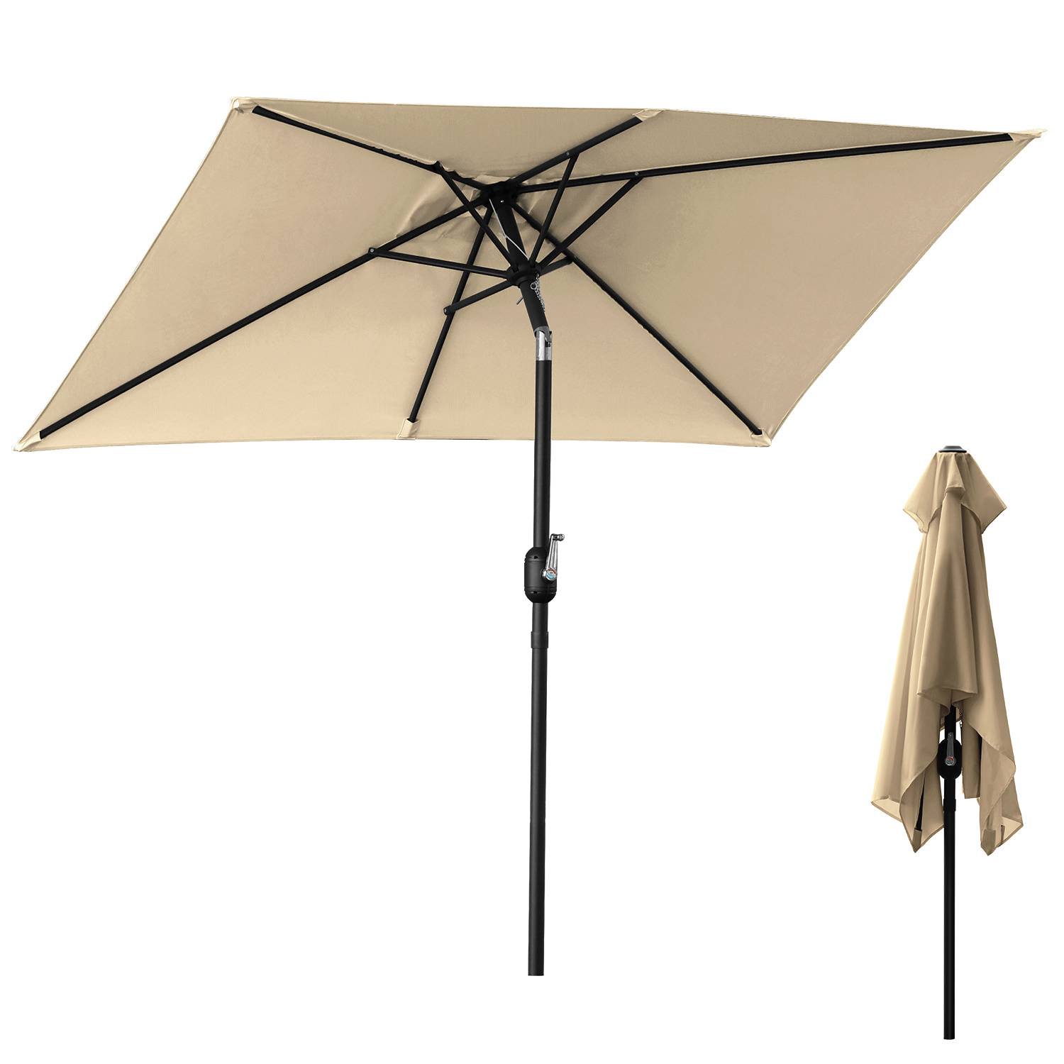 Ein offener und geschlossener Terrassenschirm mit beigem Dach und schwarzem Schaft. Der Schirm ist für den Außenbereich konzipiert und spendet Schatten.