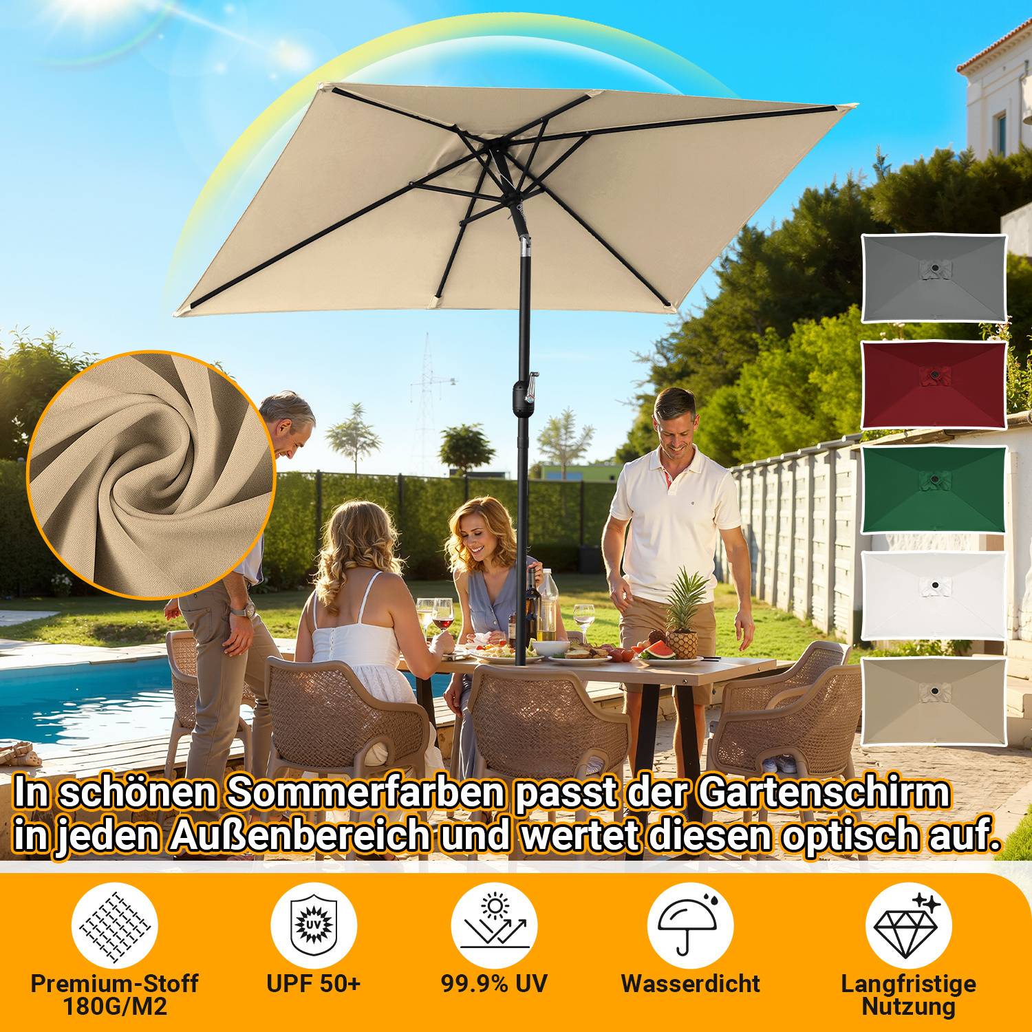 Sonnenschirm 1,4 × 2,1 m mehrteilig – Steckbarer Rechteckschirm für Balkon, khaki