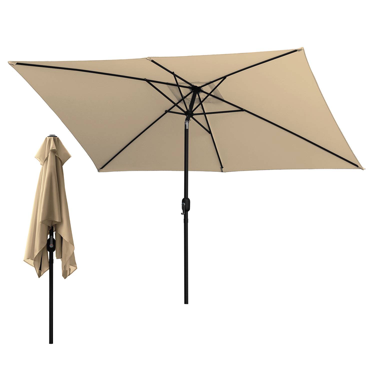 Beiger Außenschirm mit rechteckigem Dach und schwarzem Metallschaft, dargestellt offen und geschlossen. Geeignet für die Verwendung auf der Terrasse.