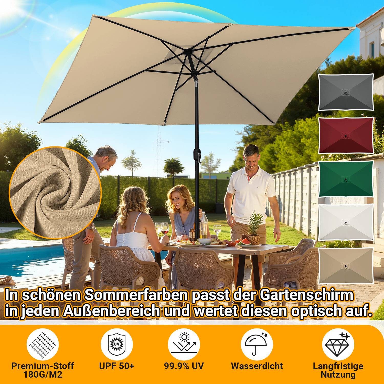 Eine Gruppe sitzt unter einem großen beigen Terrassenschirm an einem Tisch, umgeben von Bäumen. Verschiedene Stofffarboptionen sind auf der Seite dargestellt.