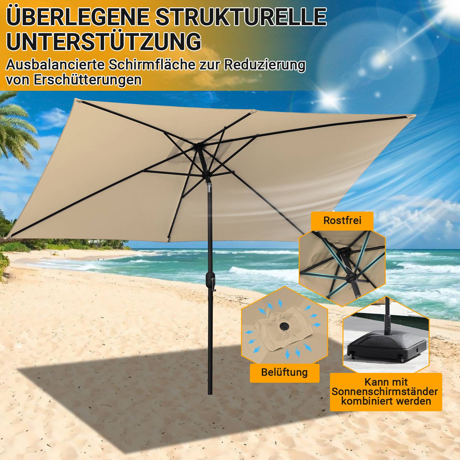 Großer Strandschirm mit robustem Ständer; Features beinhalten rostfrei, Belüftung und Kompatibilität mit Sonnenschirmständer; Ozean und Palmen im Hintergrund.