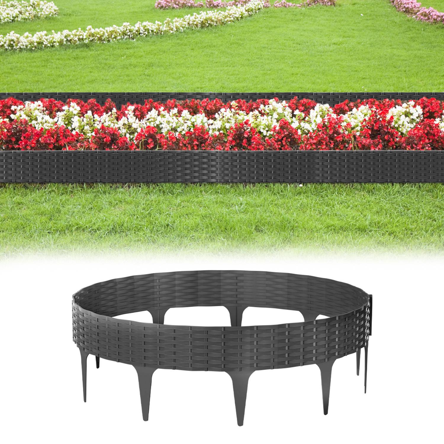 Garteneinfassung in schwarzem Flechtwerk-Design, dargestellt in einer Gartenanlage mit roten und weißen Blüten, die die Landschaftsästhetik unterstreicht.