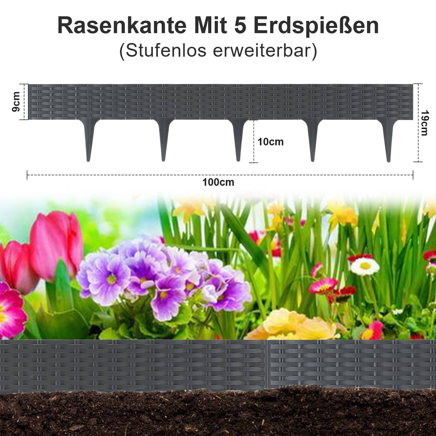 Rasenkante Mit 5 Erdspießen (Stufenlos erweiterbar)' zeigt ein Gartenabgrenzungsprodukt mit 5 Erdspießen, Abmessungen und eine Anwendung im Blumengarten.