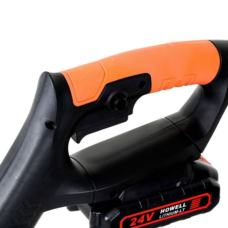 Ein schwarz-orangefarbener kabelloses Elektrobohrschrauber mit 24V-Lithium-Ionen-Akku, der seinen ergonomischen Griff und sein kompaktes Design zur Schau stellt.