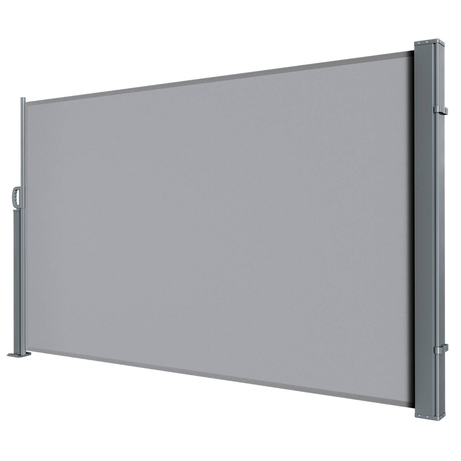 Ausziehbare Seitenmarkise in Grau, ausgezogen zwischen zwei Metallpfosten, bietet funktionalen und modernen Außenschutz vor Sonne und neugierigen Blicken.