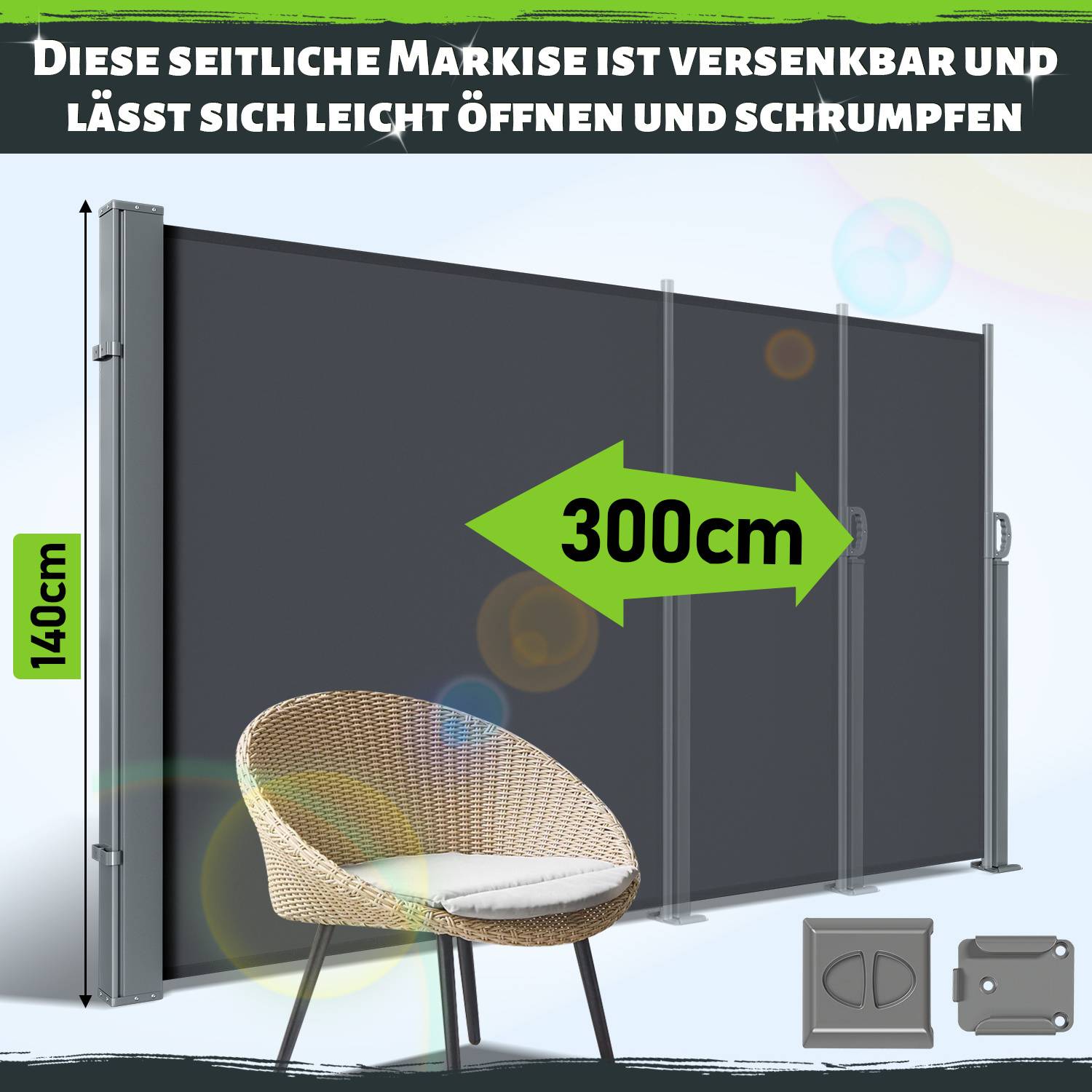 Eine Seitenmarkise mit den Maßen 140cm x 300cm, entworfen für einfaches Öffnen und Einfahren, dargestellt mit einem Stuhl zur Größendarstellung.