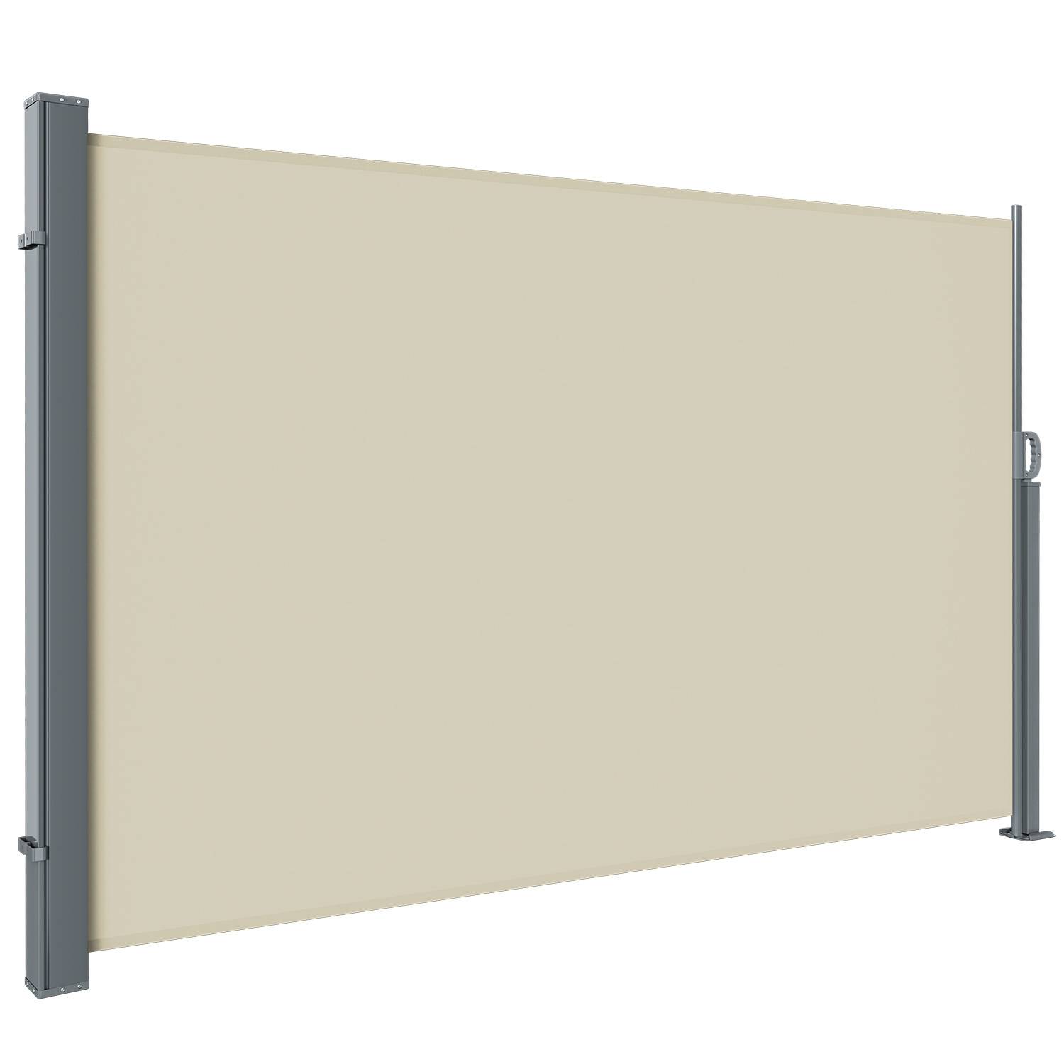 Ausziehbarer beiger Sichtschutzschirm mit Metallstützpfosten, verwendet für Außenbereiche.