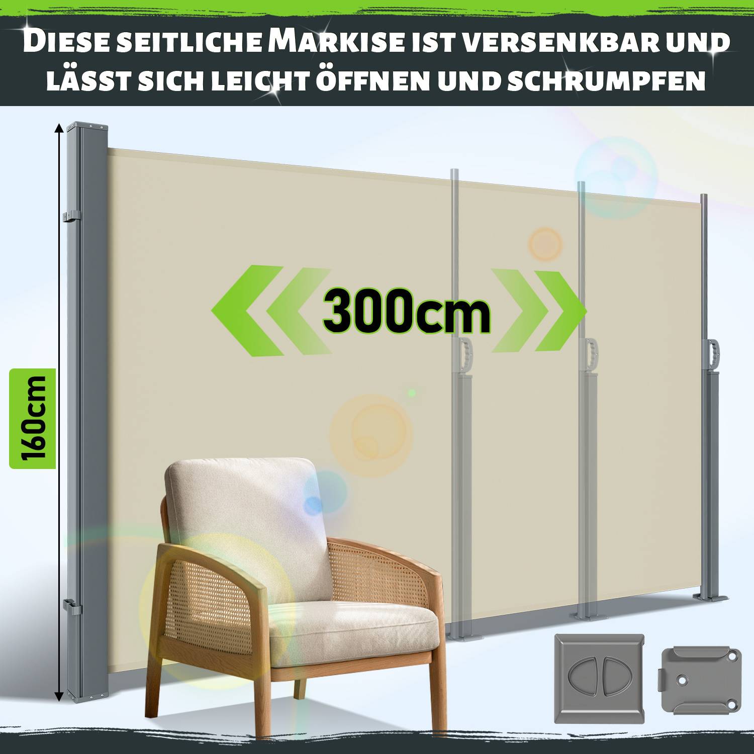 Eine ausfahrbare Seitenmarkise mit einer Breite von 300 cm und einer Höhe von 160 cm in einer neutralen Farbe. Enthält Diagramme, die den einfachen Faltmechanismus zeigen.