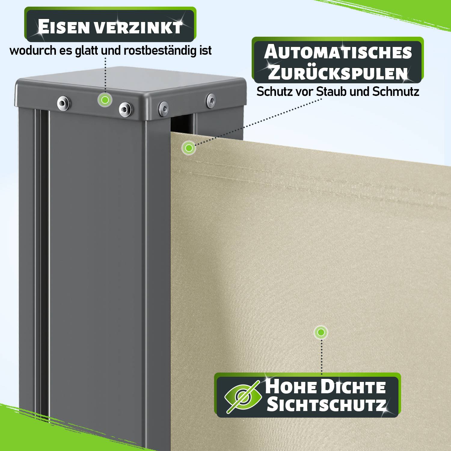 Ein Metallrahmen mit beschrifteten Merkmalen: 'Verzinktes Eisen', 'Automatisches Zurückspulen', 'Blickdichter Sichtschutz'. Hebt Haltbarkeit und Privatsphäre hervor.