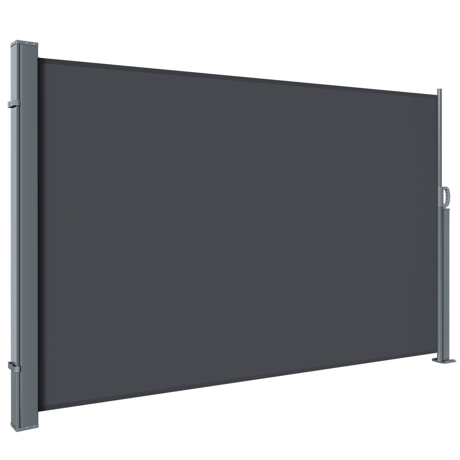 Ein ausziehbarer Sichtschutz mit dunkelgrauem Stoff ist zwischen zwei Metallstangen gespannt und wird in Außenbereichen wie Terrassen oder Balkonen verwendet.