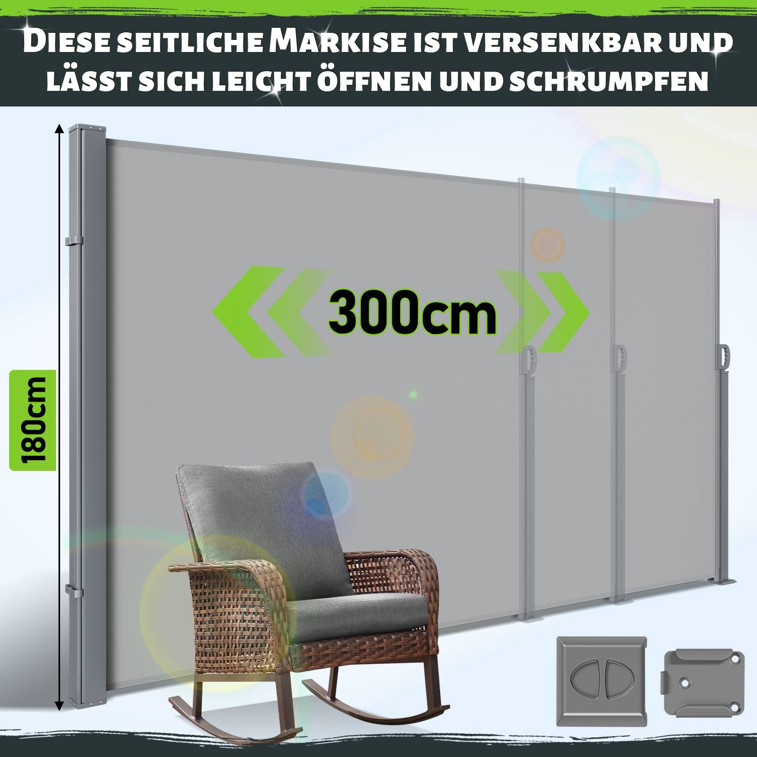 Eine ausziehbare Seitenmarkise, 300cm breit und 180cm hoch, mit einem einfachen Öffnungs- und Schließmechanismus, gezeigt in einem Zimmer mit einem Stuhl.