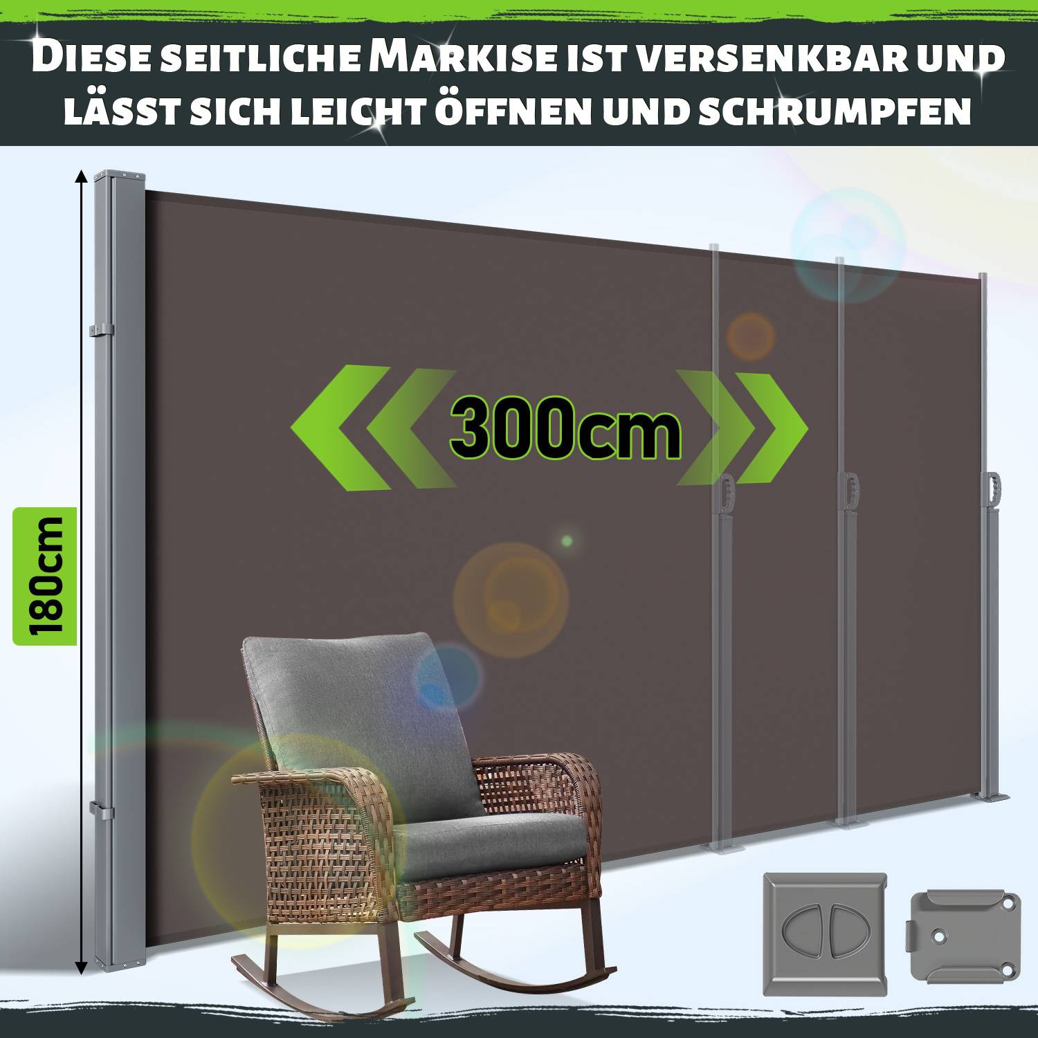 Eine einziehbare Seitenmarkise, 300cm breit und 180cm hoch, mit einem Korbstuhl davor. Der Text lautet: „Diese seitliche Markise ist versenkbar und lässt sich leicht öffnen und schließen