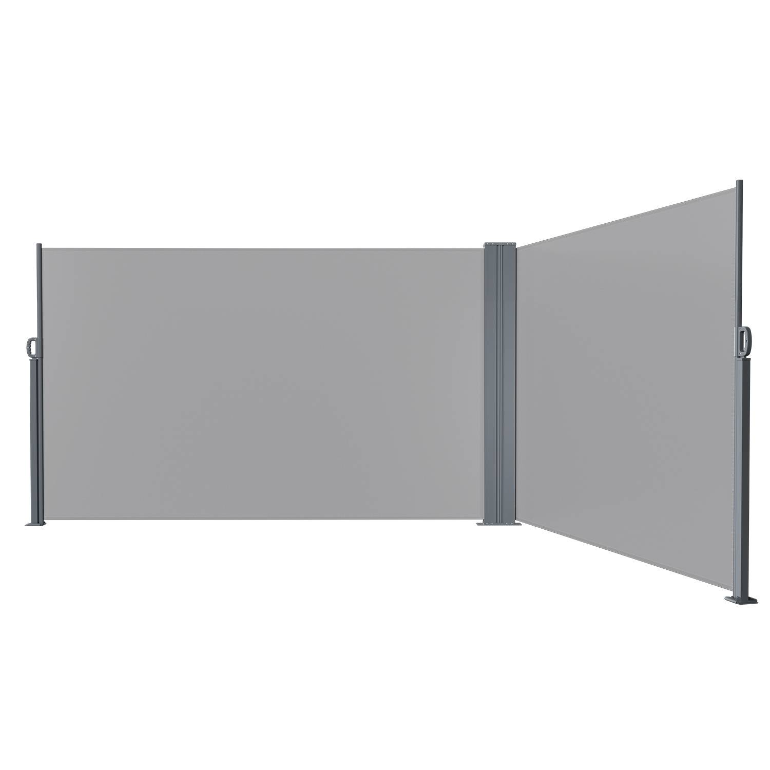 Ein grauer Datenschutzschirm mit drei Paneelen in L-Form, unterstützt durch Metallrahmen, entwickelt für Büro- oder Heimgebrauch.