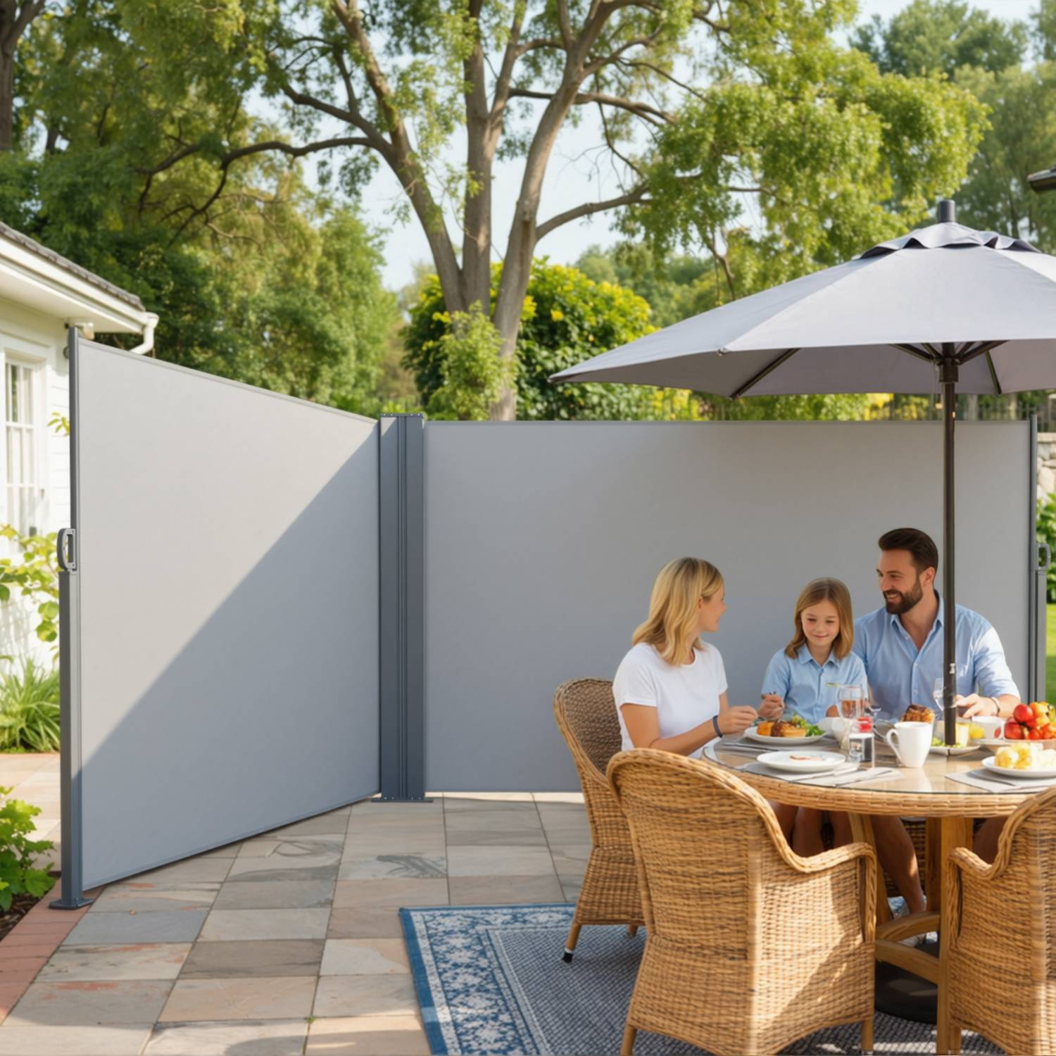 Eine dreiköpfige Familie genießt das Frühstück an einem Terrassentisch unter einem Sonnenschirm in einem sonnigen Garten.