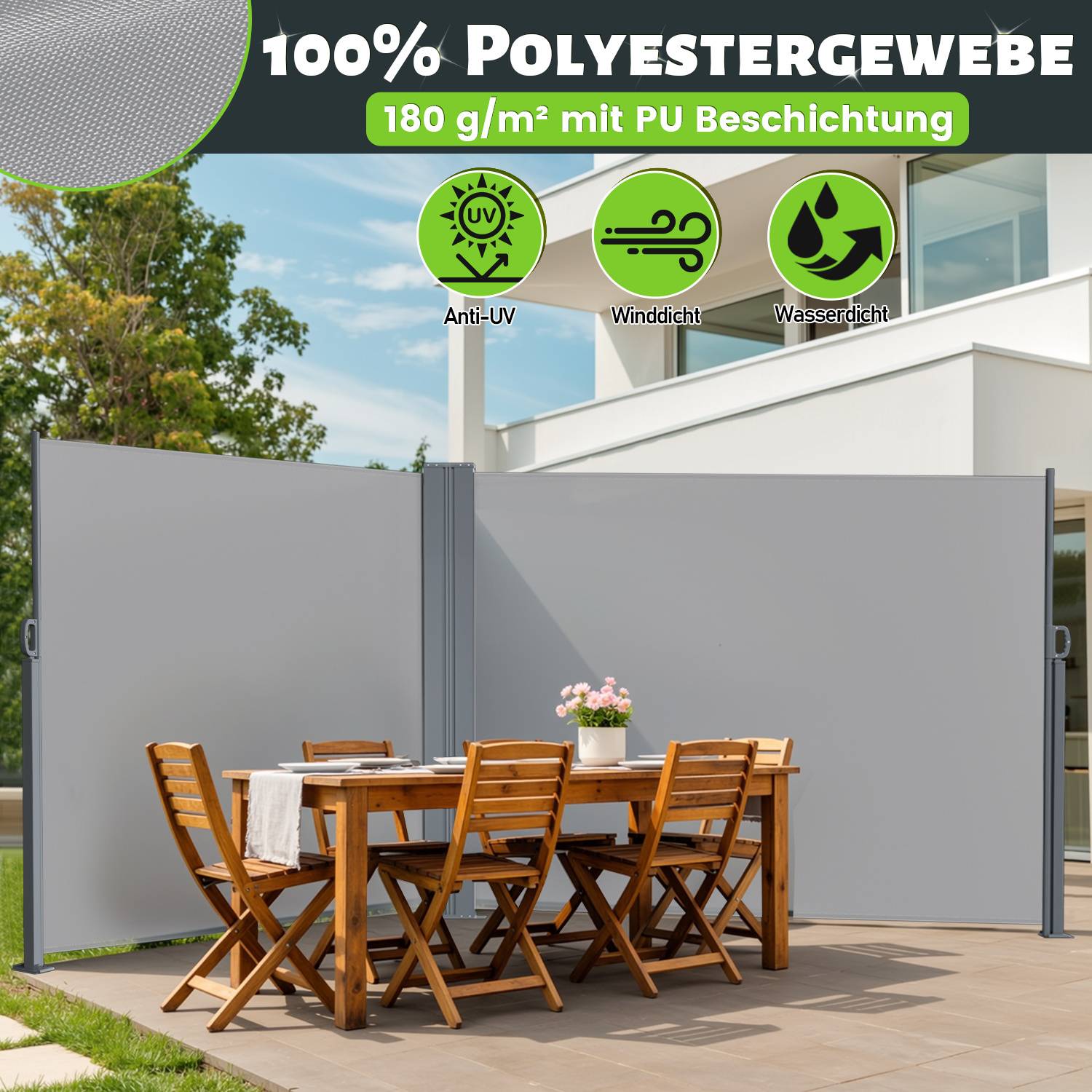 Outdoor-Terrasse mit Holztisch und Stühlen, umgeben von hohen grauen Sichtschutzschirmen. Text hebt '100% Polyester', '180 g/m²' und Merkmale wie 'Anti-UV', 'Winddicht', 'Wasserdicht' hervor.