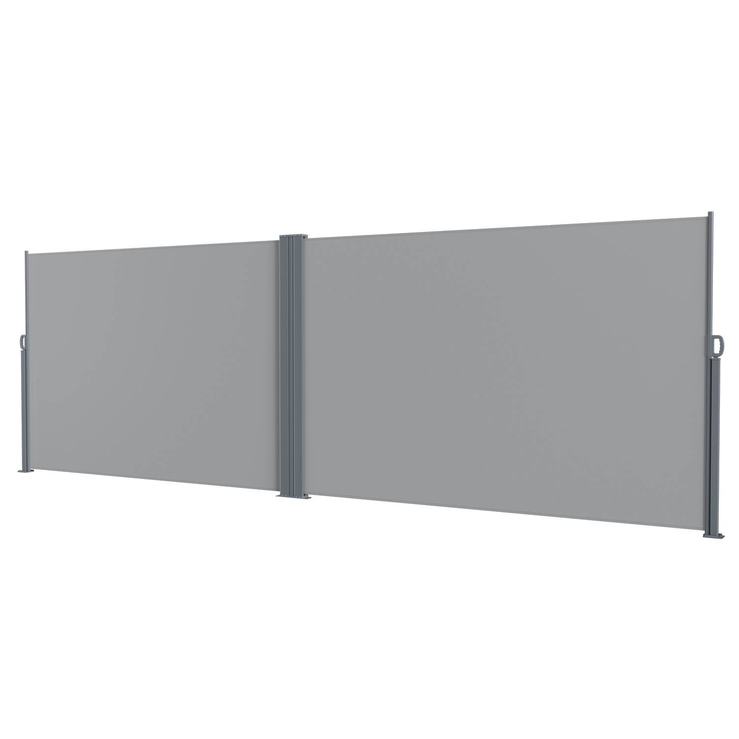 Grau einfahbare Seitenmarkise, die Privatsphäre und Windschutz bietet, teilweise ausgefahren zwischen zwei Metallpfosten dargestellt.