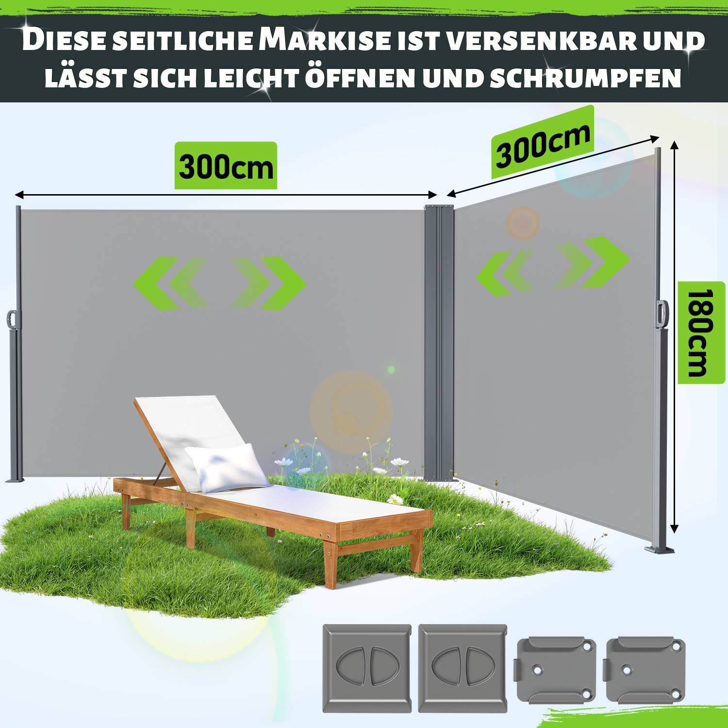 Eine ausfahrbare Seitenmarkise, 180 cm hoch und 300 cm breit, neben einem Liegestuhl auf Gras gezeigt. Der Text weist darauf hin, dass sie sich leicht öffnet und zusammenzieht.