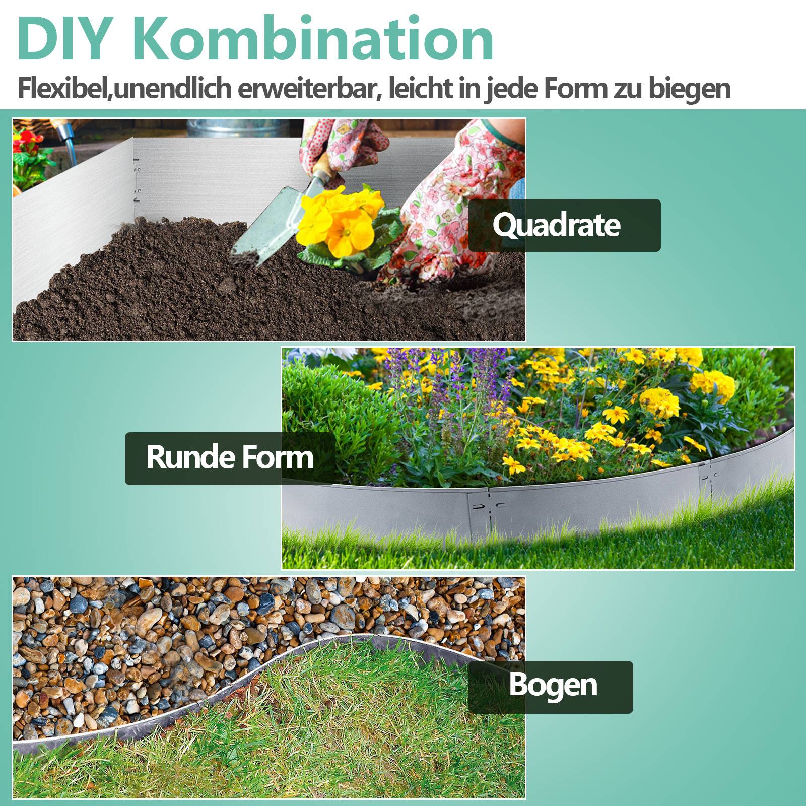 Collage flexibler Gartenumrandung mit Anwendungsbeispielen: Quadrat mit Erde und Blumen, Rundform mit Blumenbeet, gebogene Form mit Kies.