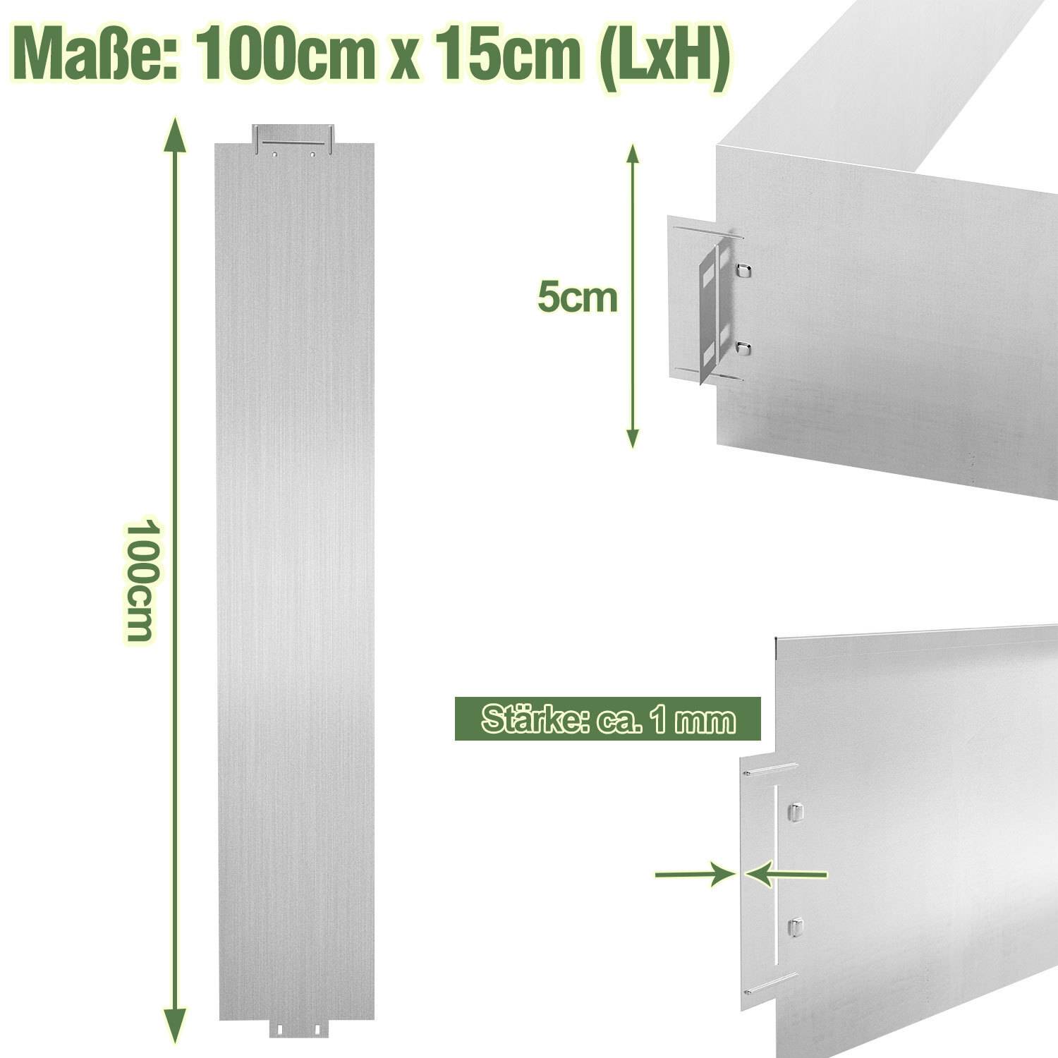 Aluminiumprofilabmessungen: 100cm x 15cm (LxH), Dicke ungefähr 1mm.